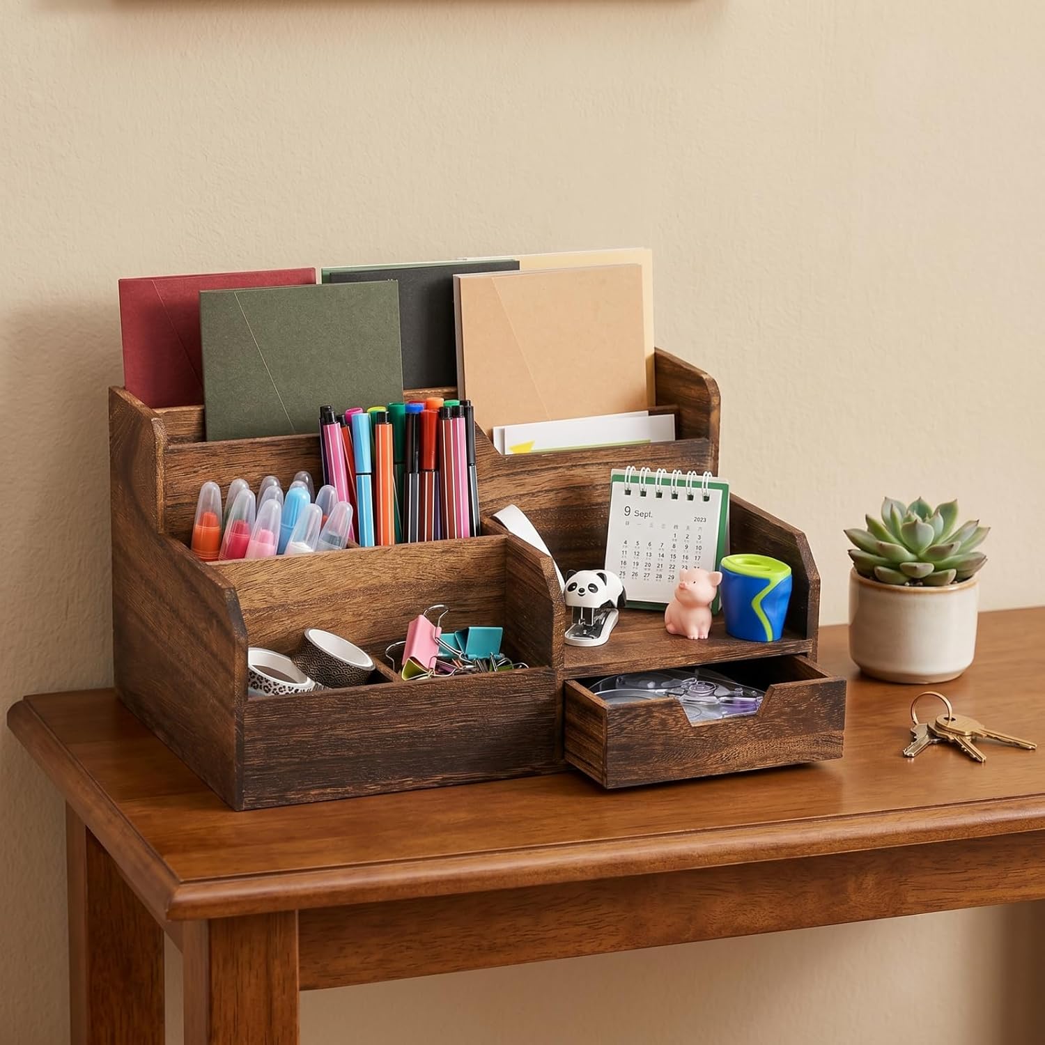 Pumtus Brown Wooden Mail Organizer, Desk Organizer with 7 Compartments and Drawer, Rustic Mail Sorter with Pen Holder, Tabletop Mail Basket, Office Accessories Holder for Pen File Letter Document