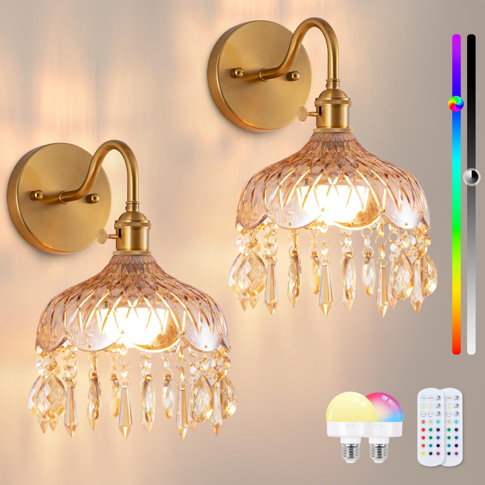 Vintage Battery Operated Wireless Wall Sconces, Rechargeable Battery Antique Brass Wall Lights,Luxury Corridor Lamp with Remote for Dining Room Hallway Living Room, Set of Two