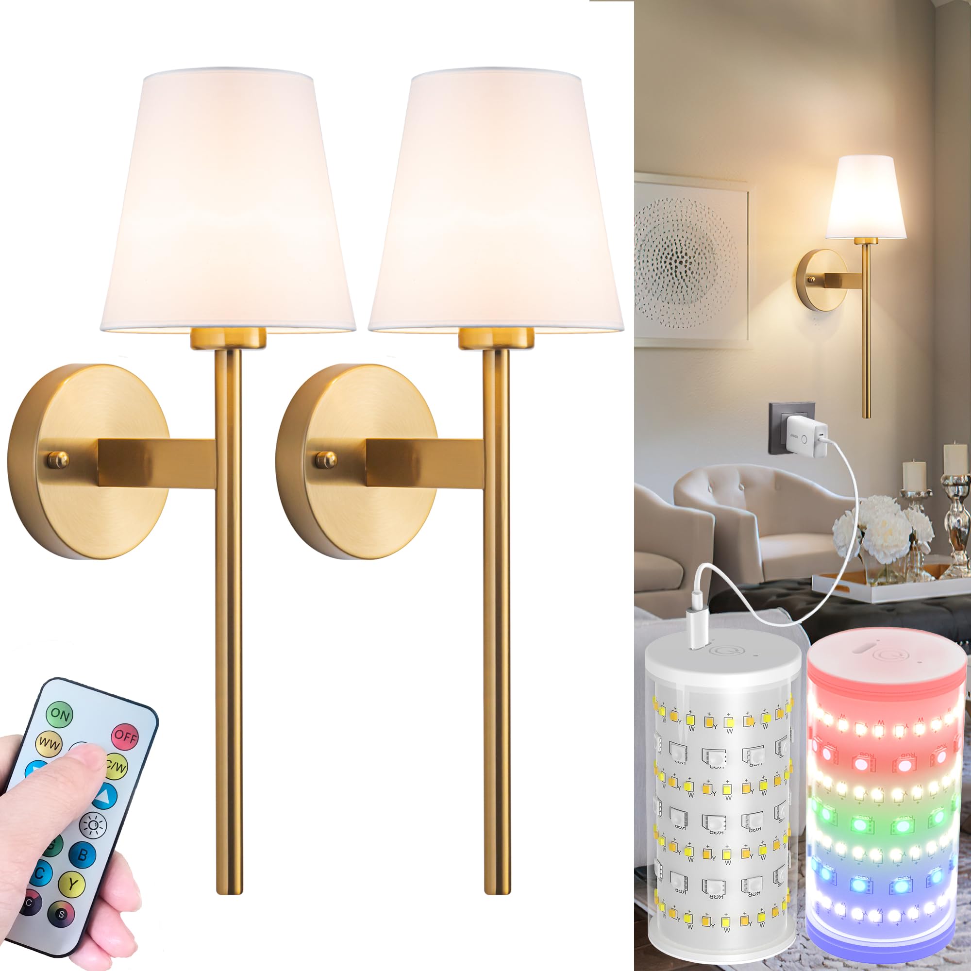 Nekhung Battery Operated Wall Sconces Set of Two, Wireless Battery Wall Light with 10000mAh RGB Dimmable Magnetic Bulb and Remote, Rechargeable Sconce Wall Decor for Bedroom Living Room Hallway