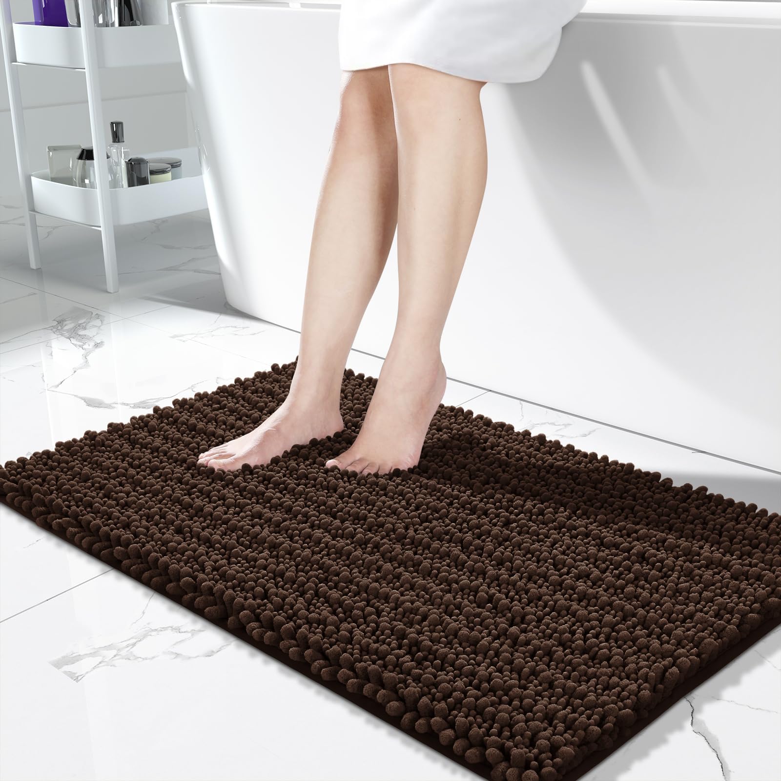 Yimobra Bathroom Rugs Non Slip Washable - Ultra Soft Absorbent Chenille Bath Mat, Quick Dry Shaggy Floor Carpet for Tub Shower, Gray Home Decor Accessories, 24x17 Inch