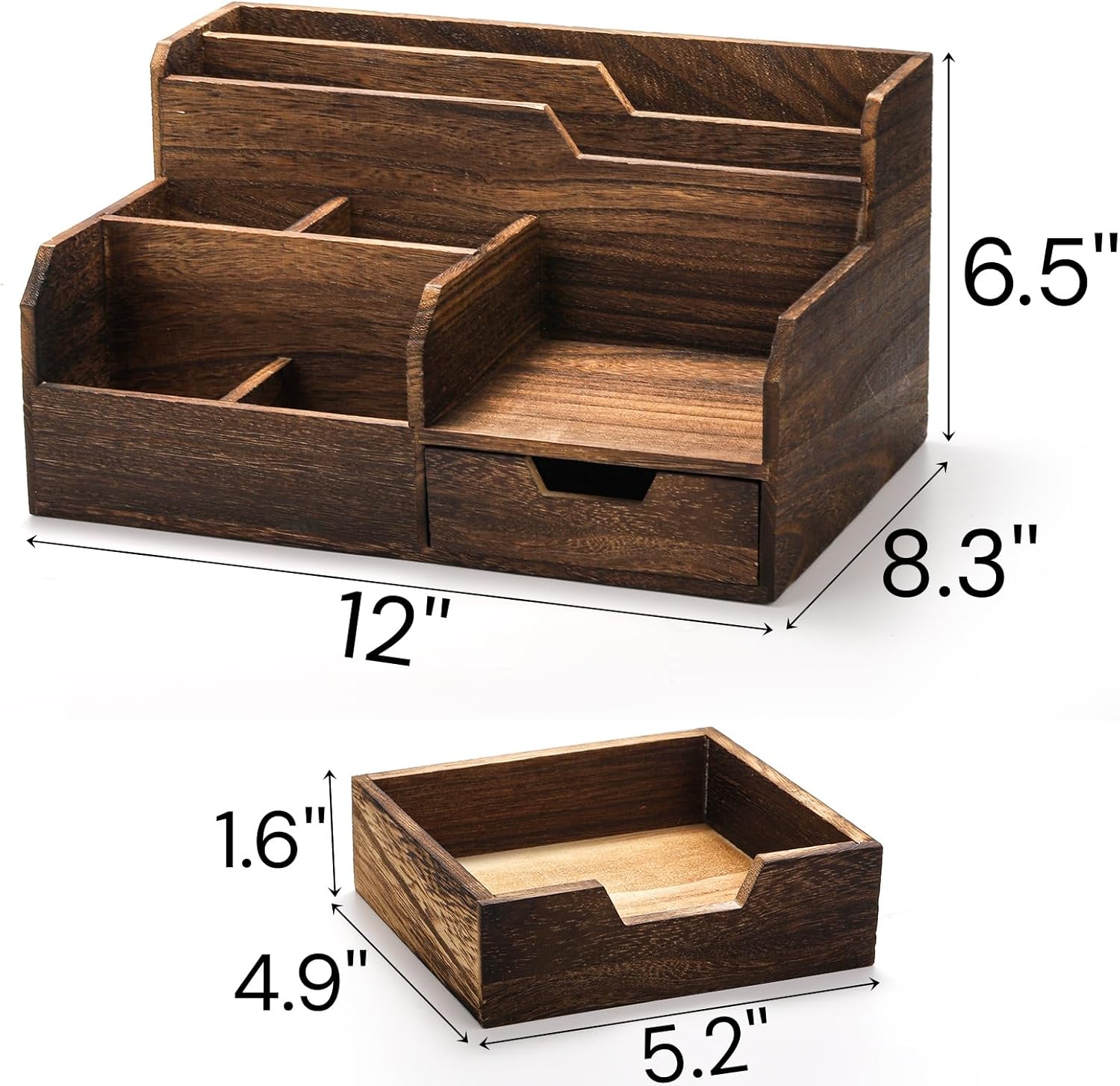 Pumtus Brown Wooden Mail Organizer, Desk Organizer with 7 Compartments and Drawer, Rustic Mail Sorter with Pen Holder, Tabletop Mail Basket, Office Accessories Holder for Pen File Letter Document