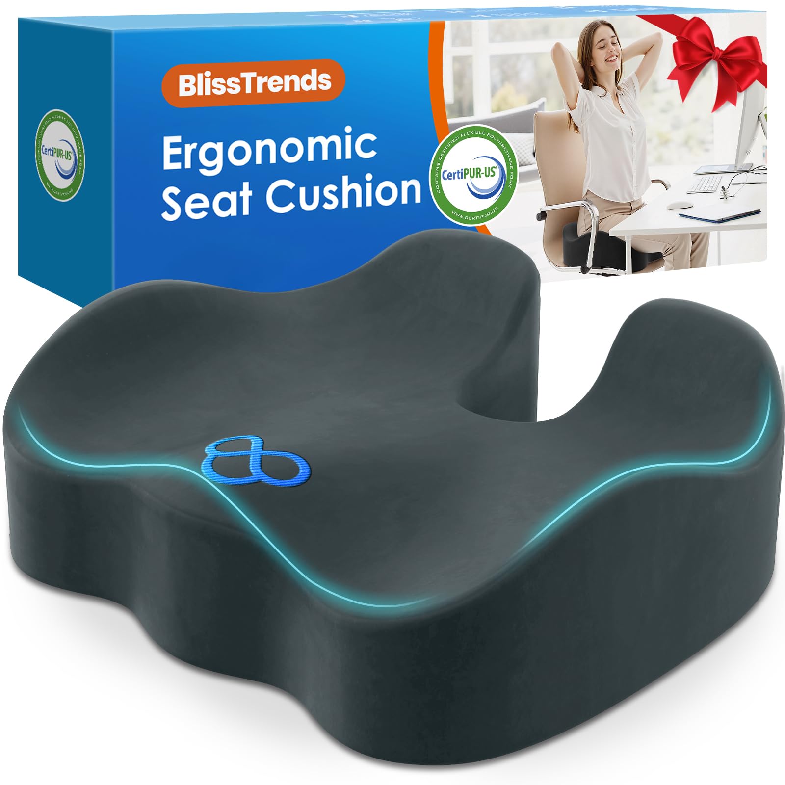BlissTrends Seat Cushion with Velvet Cover, Thick Memory Foam Cushions for Office Chair, Car Seat, Airplane, Relieving Pressure Tailbone Sciatica Back Pain for Long Sitting, Car Drivers 4.7in Black
