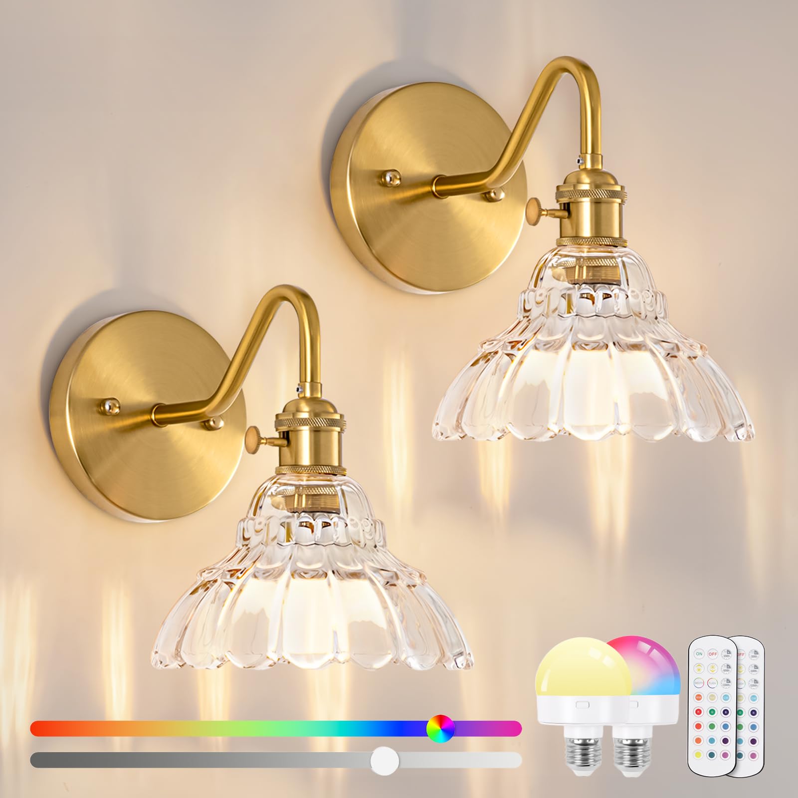 Vintage Battery Operated Wall Sconces Set Of Two, Indoor not Hardwired Brass Green Glass Lampshade Fixtures,Rechargeable Wireless RGB Wall Lights with Dimmable Remote Control,for Bedroom Living Room
