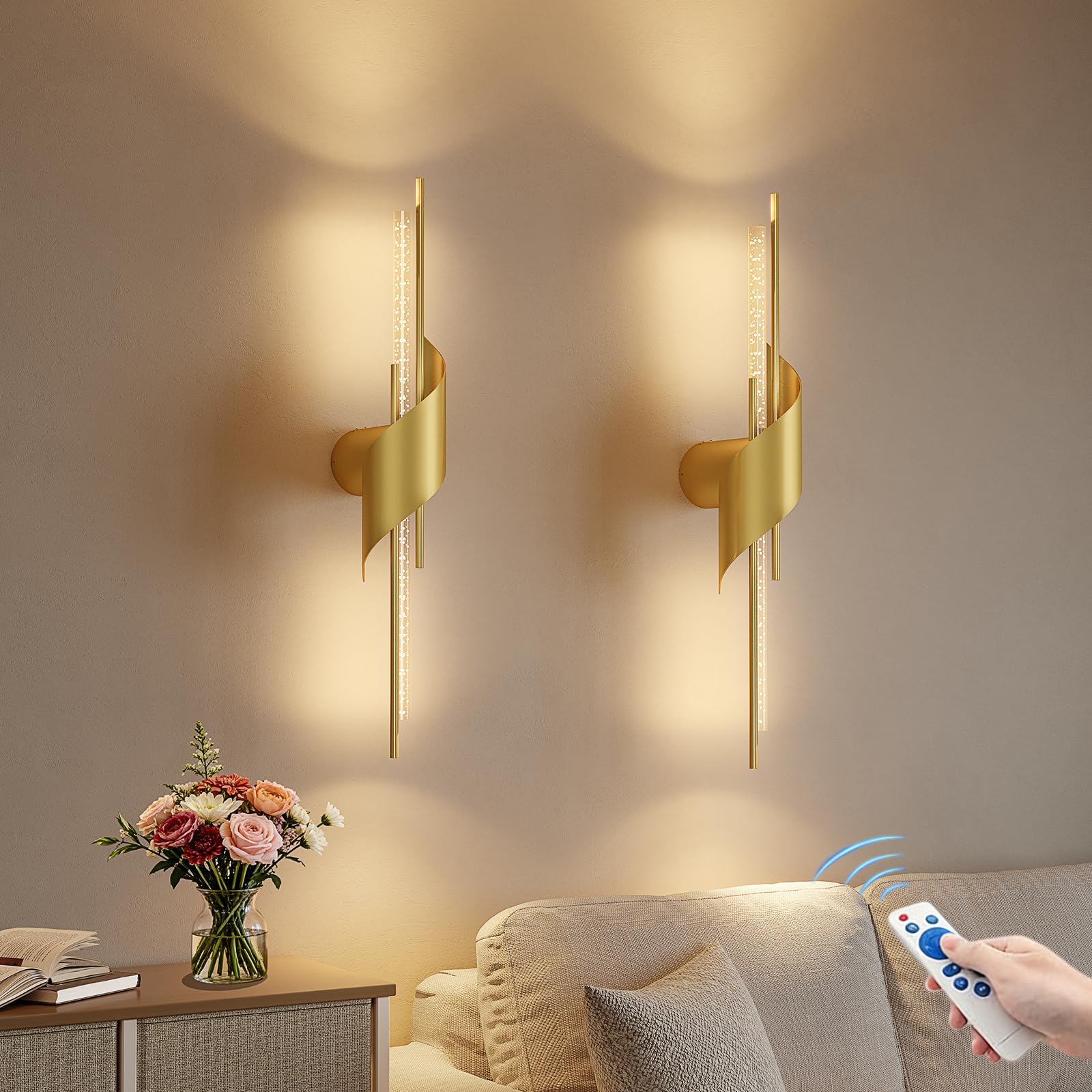 camuucci Battery Operated Wall Sconces Set of Two,Modern Wireless Wall Lights,LED Rechargeable 20000mAh Not Hardwired Remote Control Dimmable Wall Lamp Fixtures for Bedroom Black 33 Inches