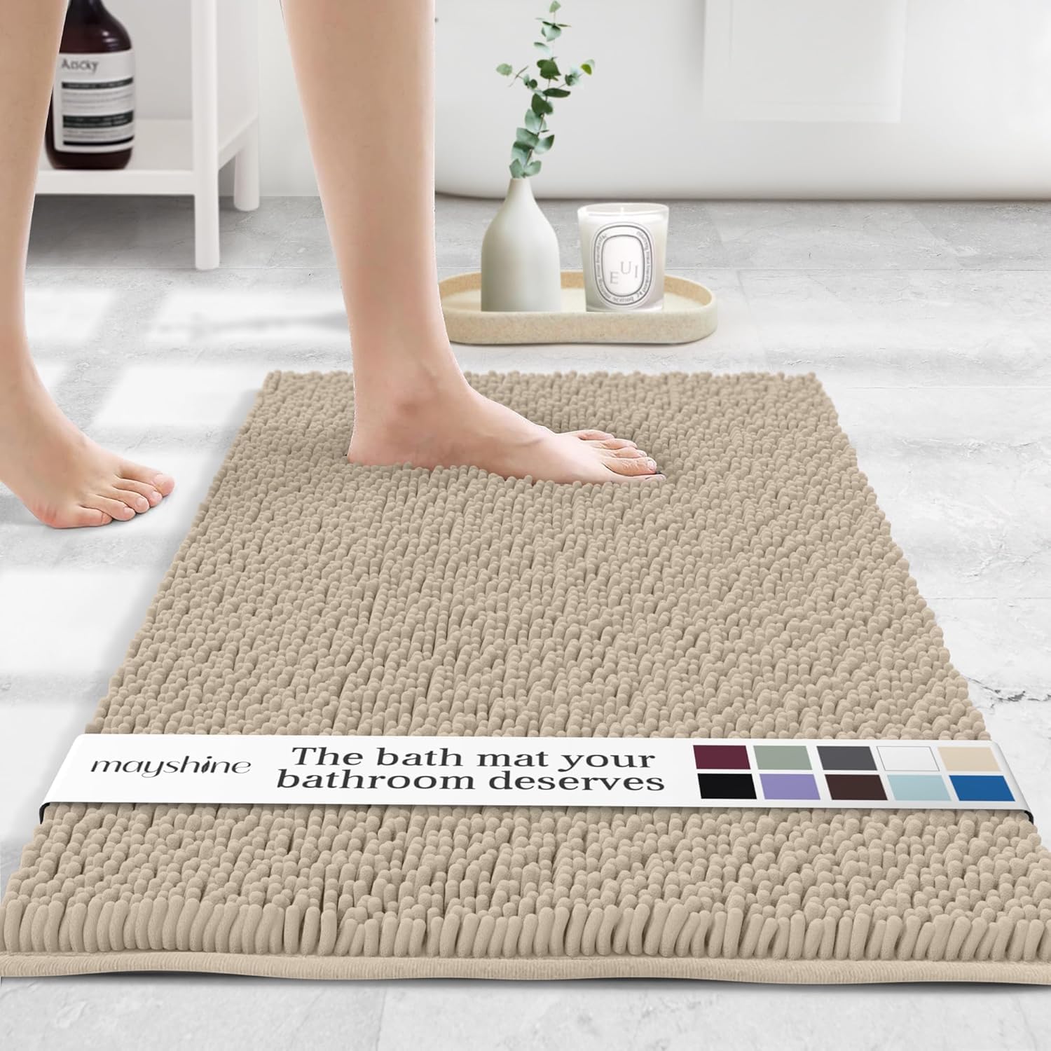 MAYSHINE Round Area Rug Set for Bathroom | Soft Plush Chenille Bath Mat, Water Absorbent Non-Slip Bathroom Rug | Washable Shag Carpet for Shower, Bedroom, or Home Décor | 36"x36" (Round) | White