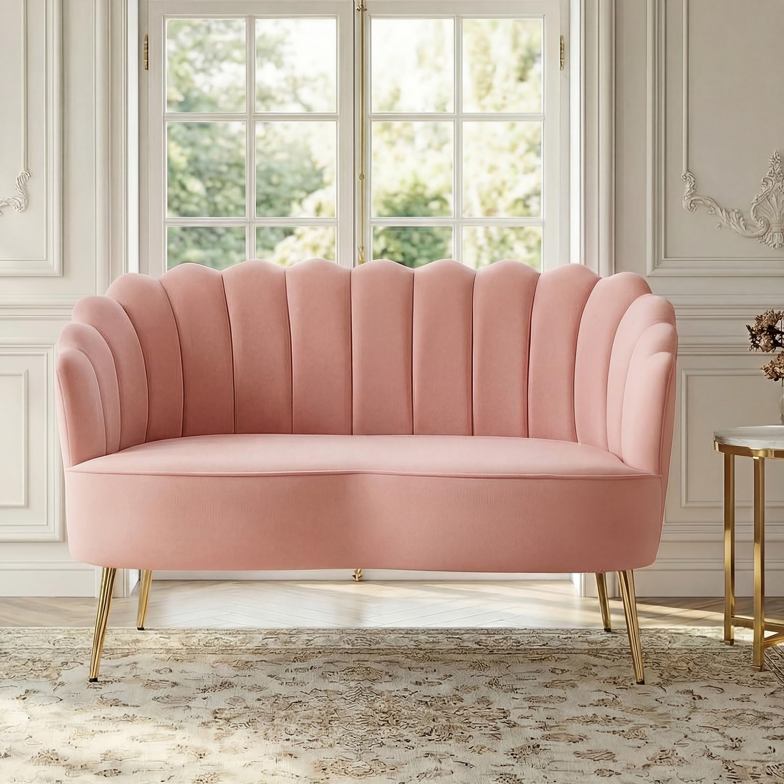 Velvet Upholstered Loveseat Sofa with Gold Metal Legs, Modern Comfy Small Love Seat with Flower Shaped Back, 2-Seater Sofa Accent Couch for Living Bedroom Leisure Areas