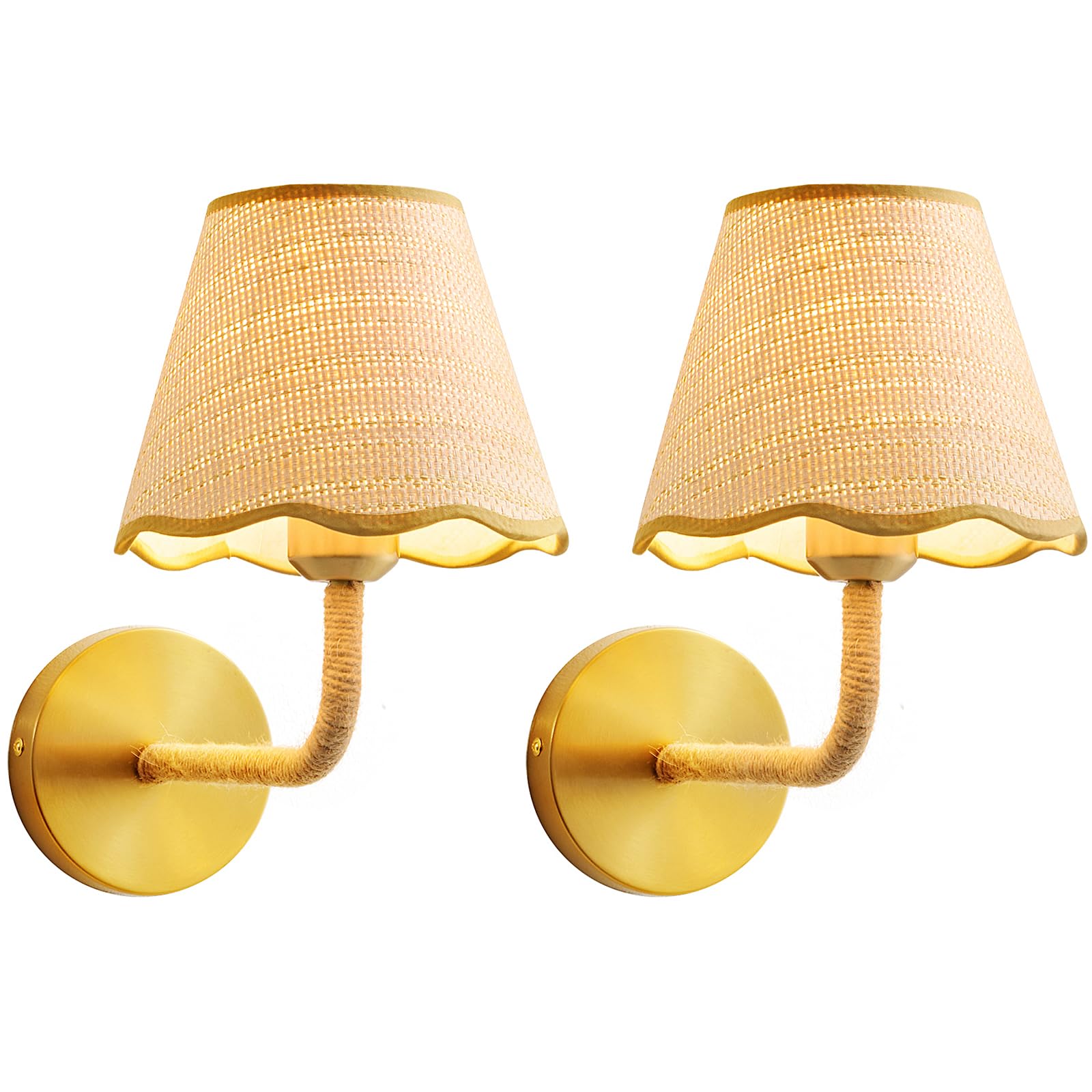 Battery Operated Rattan Wall Sconces Set of Tow, Wireless Rechargeable Battery Powered Wall Light with Grass-Woven Lampshade for Bedroom Living Room Hallway Porch(E26 Bulb Included)