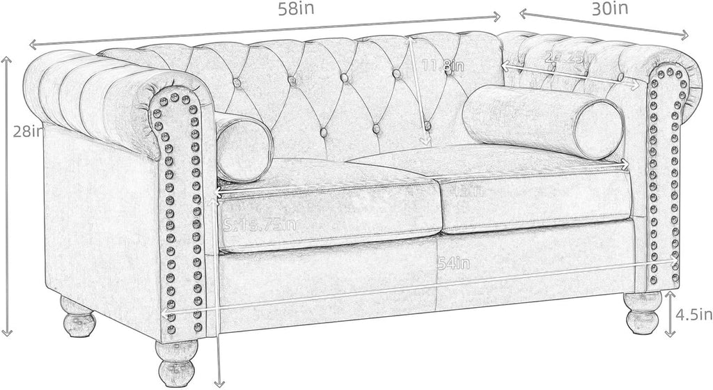 Velvet Loveseat Couch, Rolled Arm 2-Seater Tufted Sofa with Nailhead Trim and 2 Neck Roll Pillows, Living Room Small Apartment Office Décor Green