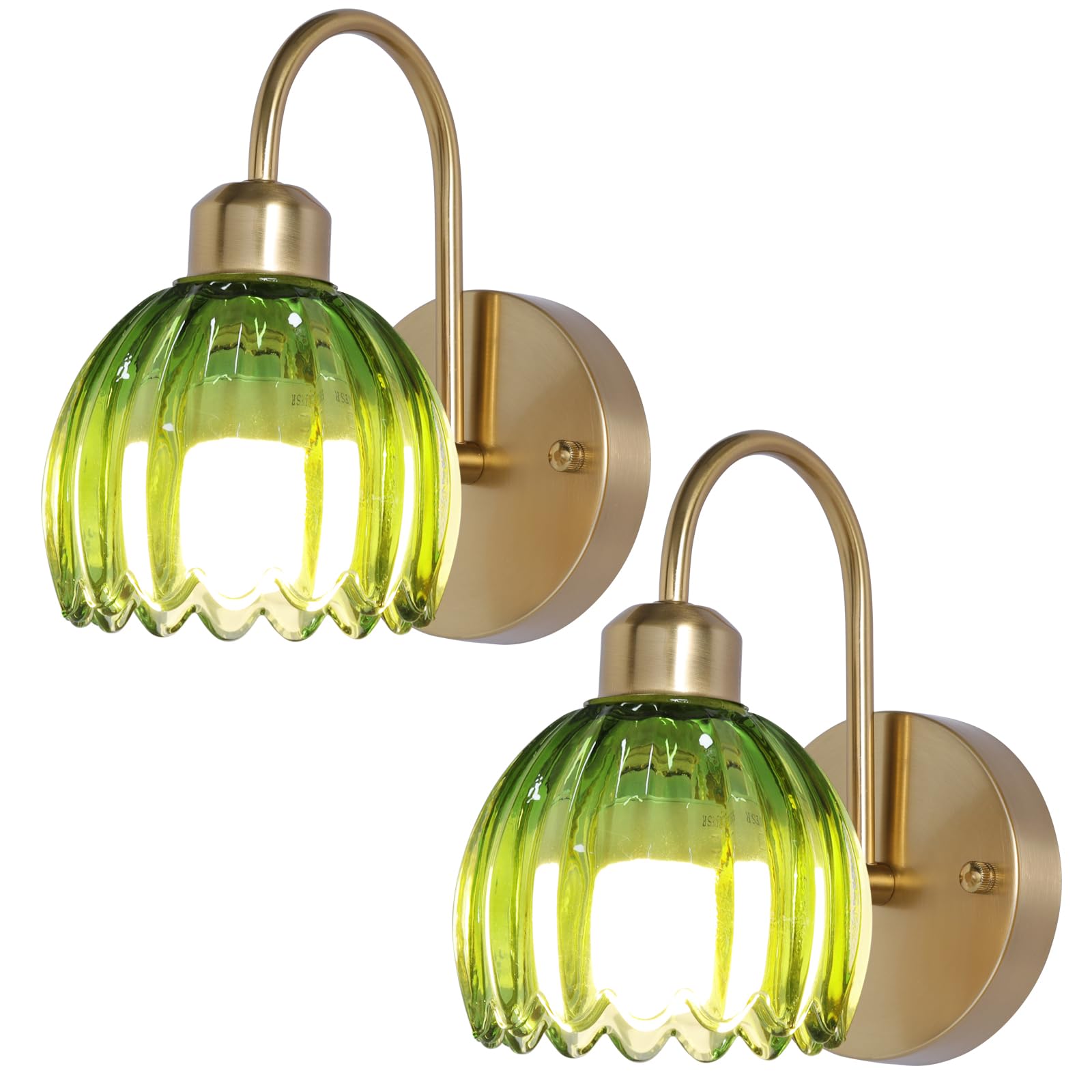 Vintage Battery Operated Wall Sconces Set of Two, Tulip Glass Lampshade Rechargeable Wall Lights, LED 15 Colors Gold Wall Lamp for Bedroom Bedside Doorway