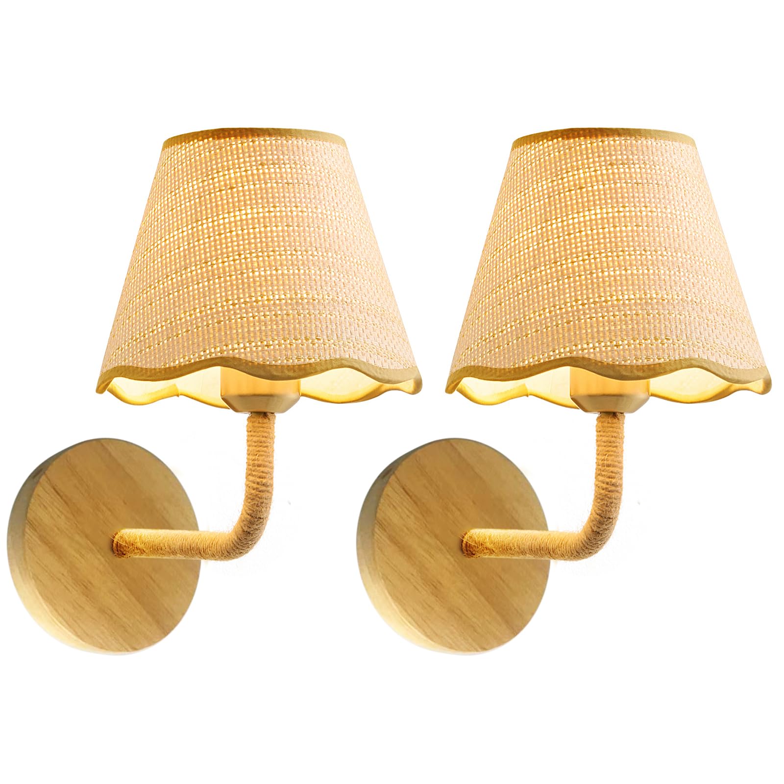 Battery Operated Rattan Wall Sconces Set of Tow, Wireless Rechargeable Battery Powered Wall Light with Grass-Woven Lampshade for Bedroom Living Room Hallway Porch(E26 Bulb Included)
