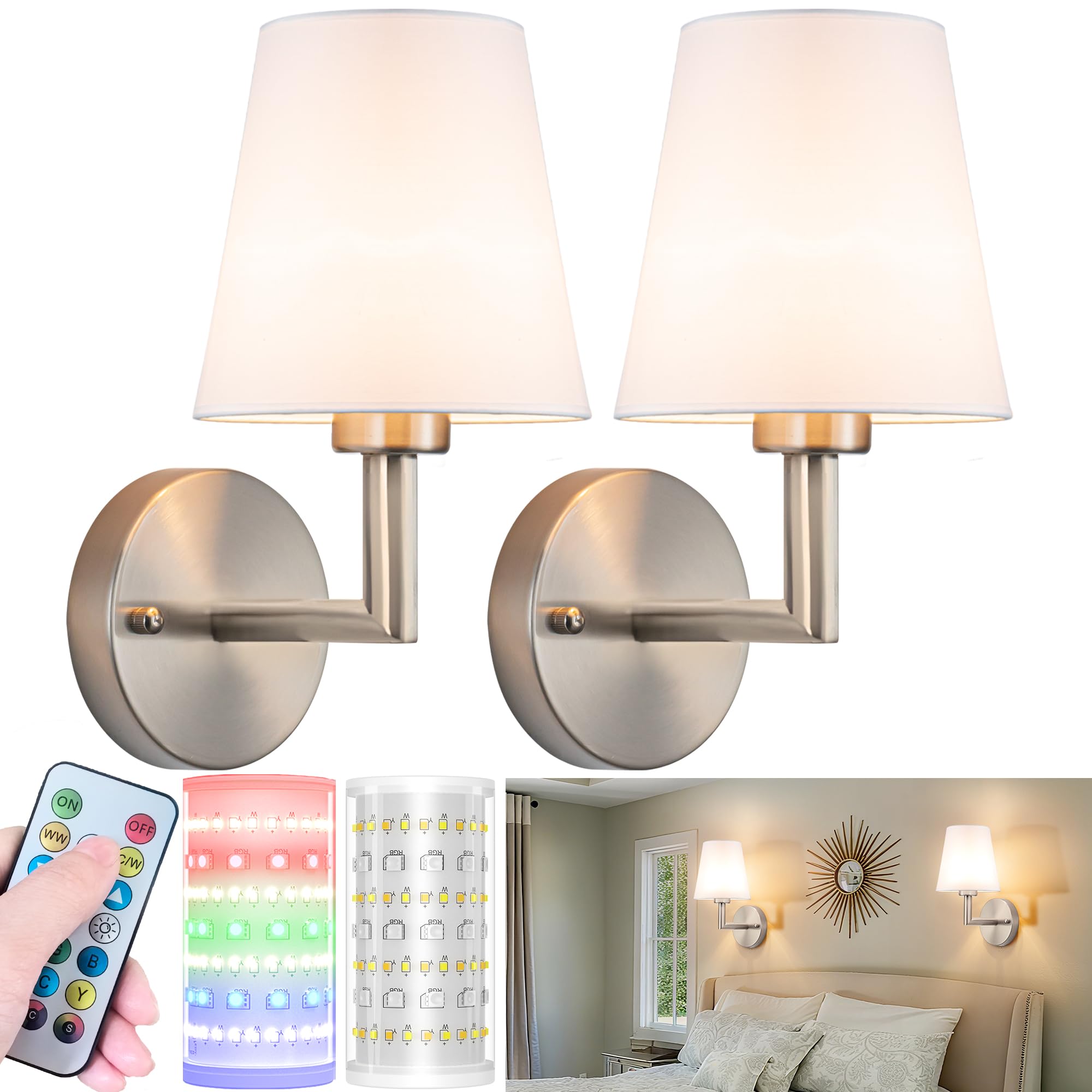 Nekhung Battery Operated Wall Sconces Set of Two, Wireless Battery Wall Light with 10000mAh RGB Dimmable Magnetic Bulb and Remote, Rechargeable Sconce Wall Decor for Bedroom Living Room Hallway
