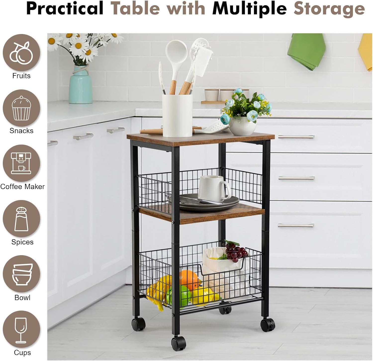 Hadulcet Small End Table, 3-Tier Side Table with Storage Basket, Industrial Style Side End Table for Living Room Bedroom Kitchen Bathroom, Rustic Brown