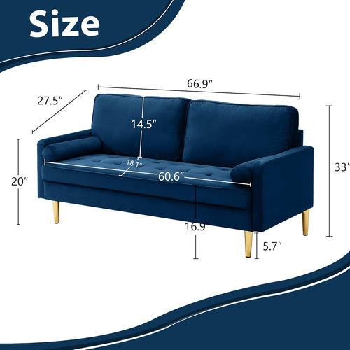 67" Modern Velvet Loveseat Sofa Couch, Mid-Century Tufted Upholstered Small Love Seat Couch with 2 Pillows & 4 Golden Legs, 2-Seats Couches for Compact Space, Living Room, Apartment (Navy)