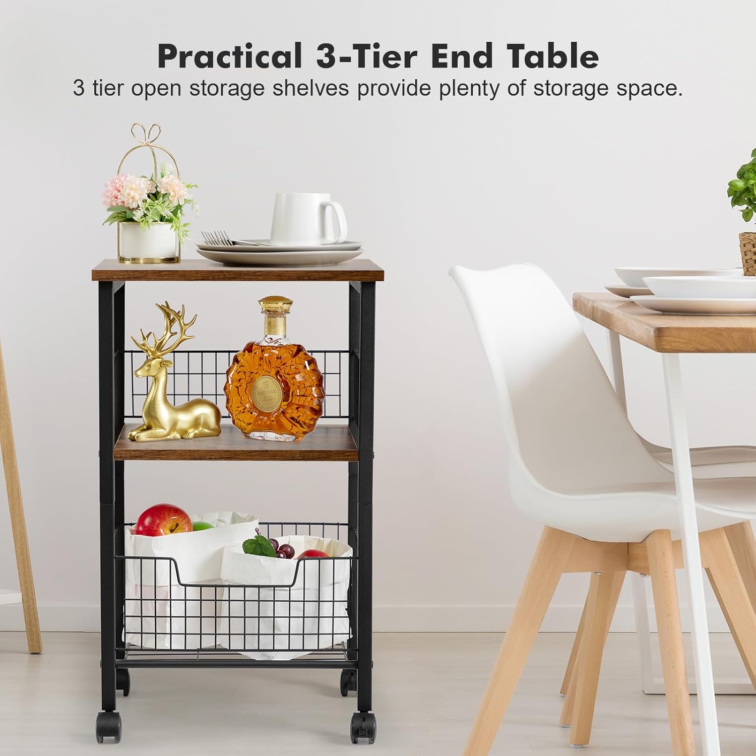 Hadulcet Small End Table, 3-Tier Side Table with Storage Basket, Industrial Style Side End Table for Living Room Bedroom Kitchen Bathroom, Rustic Brown