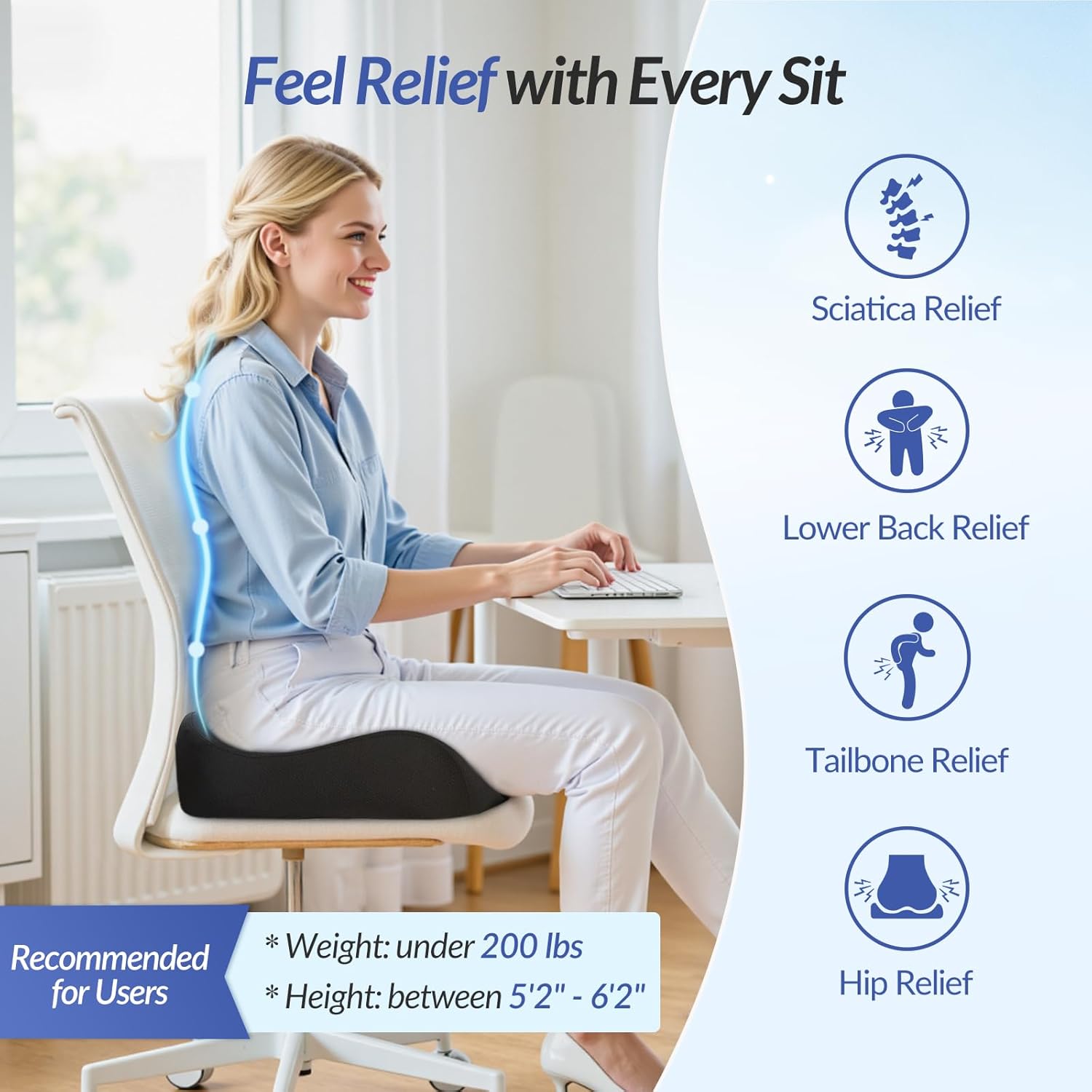 ZIKEE Pioneering Seat Cushion for Pressure Relief, Ergonomic Office Chair Cushion for Sciatica, Back, Hemorrhoids & Tailbone Pain Relief, High-Density Memory Foam Car Seat Cushion with Anti-Slip Base