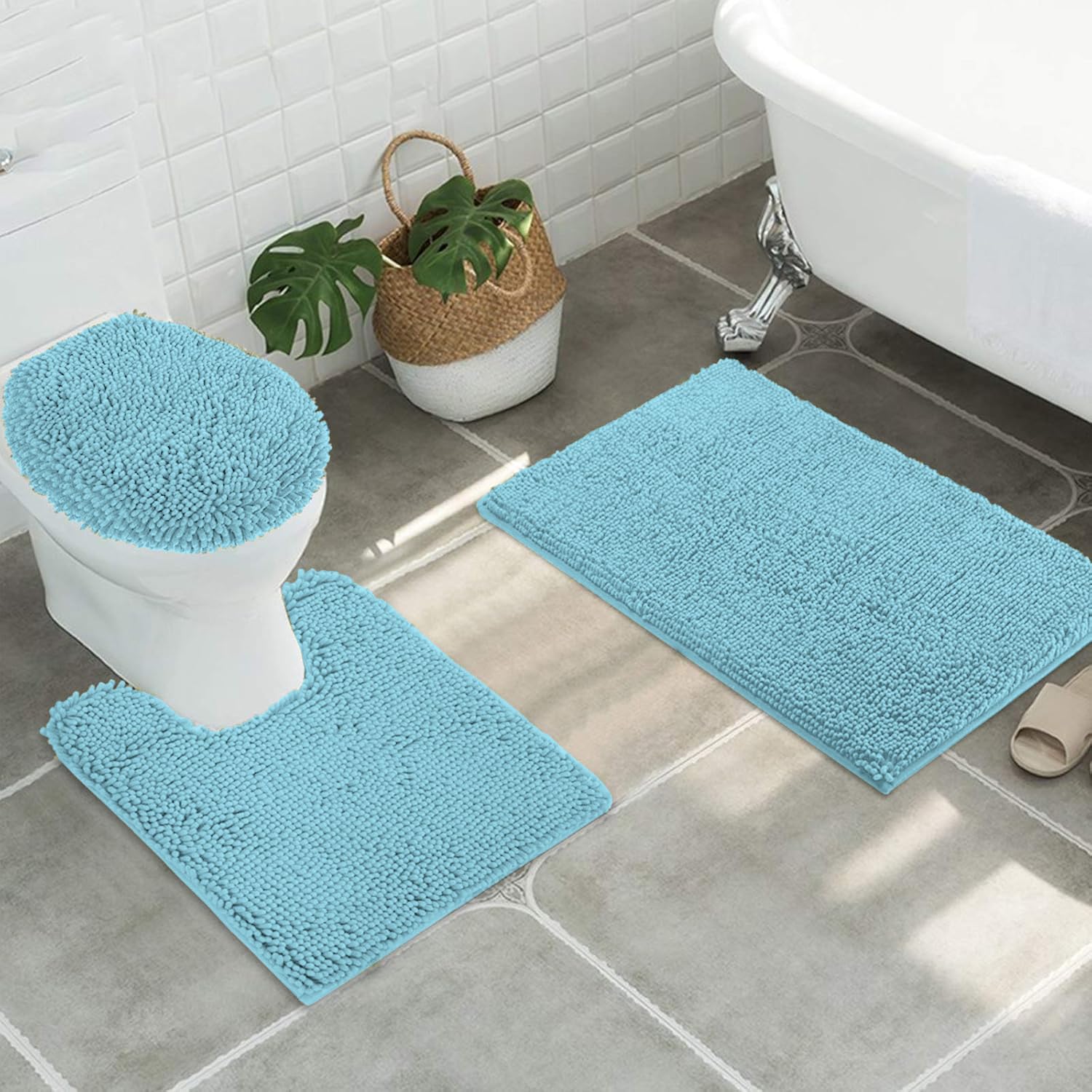 MAYSHINE Round Area Rug Set for Bathroom | Soft Plush Chenille Bath Mat, Water Absorbent Non-Slip Bathroom Rug | Washable Shag Carpet for Shower, Bedroom, or Home Décor | 36"x36" (Round) | White