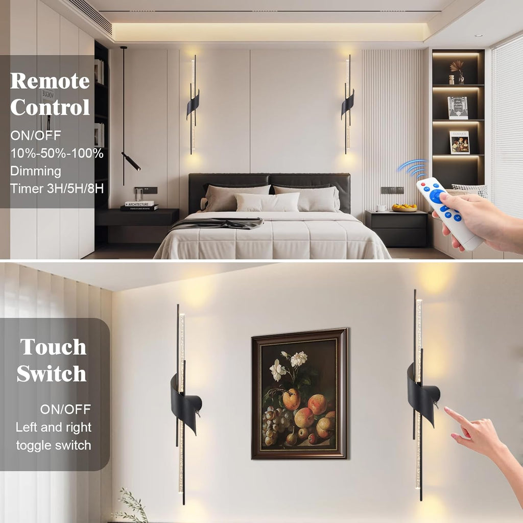 camuucci Battery Operated Wall Sconces Set of Two,Modern Wireless Wall Lights,LED Rechargeable 20000mAh Not Hardwired Remote Control Dimmable Wall Lamp Fixtures for Bedroom Black 33 Inches