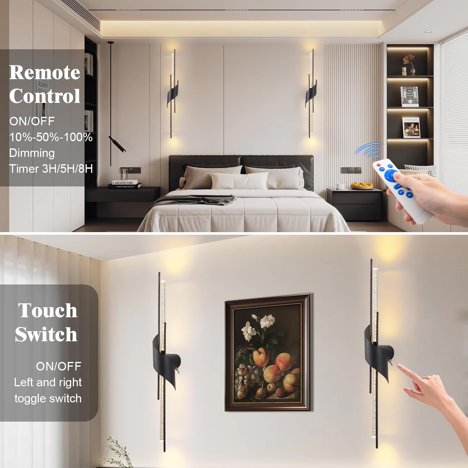 camuucci Battery Operated Wall Sconces Set of Two,Modern Wireless Wall Lights,LED Rechargeable 20000mAh Not Hardwired Remote Control Dimmable Wall Lamp Fixtures for Bedroom Black 33 Inches