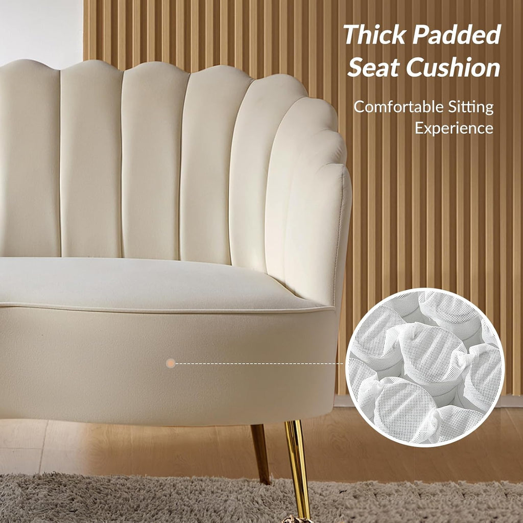 Velvet Upholstered Loveseat Sofa with Gold Metal Legs, Modern Comfy Small Love Seat with Flower Shaped Back, 2-Seater Sofa Accent Couch for Living Bedroom Leisure Areas