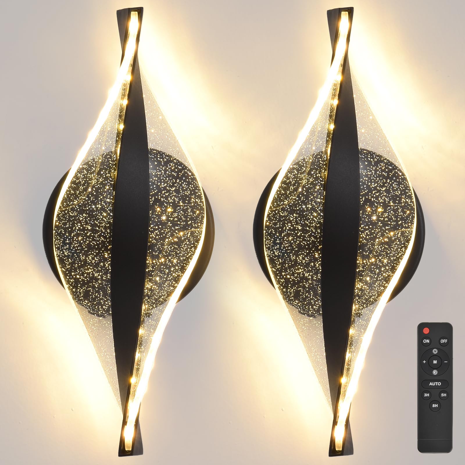 LED Wall Sconces Set of Two Battery Operated, 5000mAh USB Rechargeable Gold Acrylic Wall Lights with Remote, Dimmable Wireless Wall Lamp for Living Room, Bedroom, Hallway,11.8 Inch