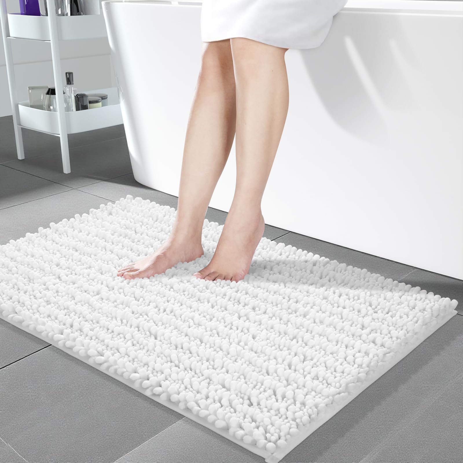 Yimobra Bathroom Rugs Non Slip Washable - Ultra Soft Absorbent Chenille Bath Mat, Quick Dry Shaggy Floor Carpet for Tub Shower, Gray Home Decor Accessories, 24x17 Inch