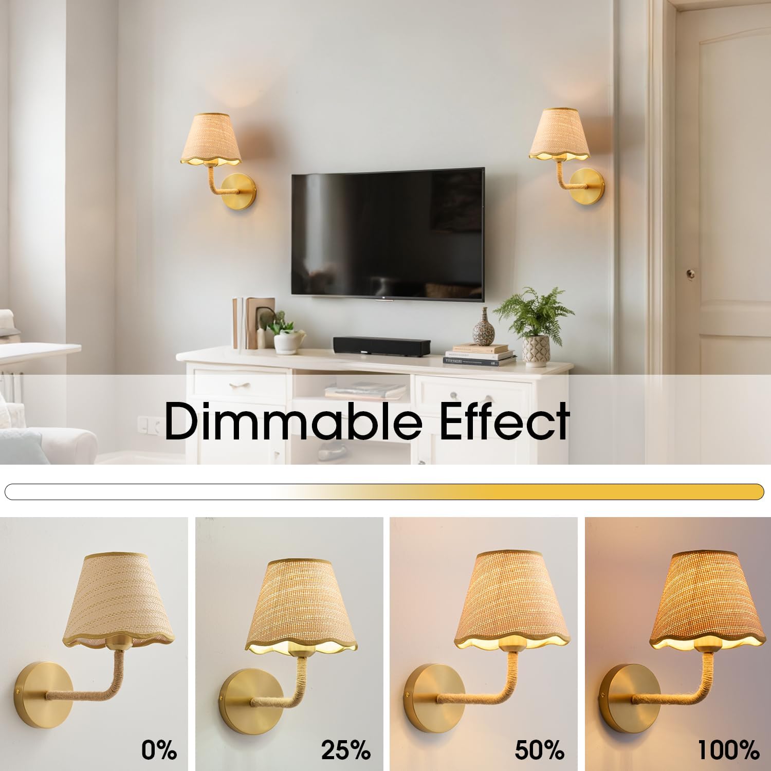 Battery Operated Rattan Wall Sconces Set of Tow, Wireless Rechargeable Battery Powered Wall Light with Grass-Woven Lampshade for Bedroom Living Room Hallway Porch(E26 Bulb Included)