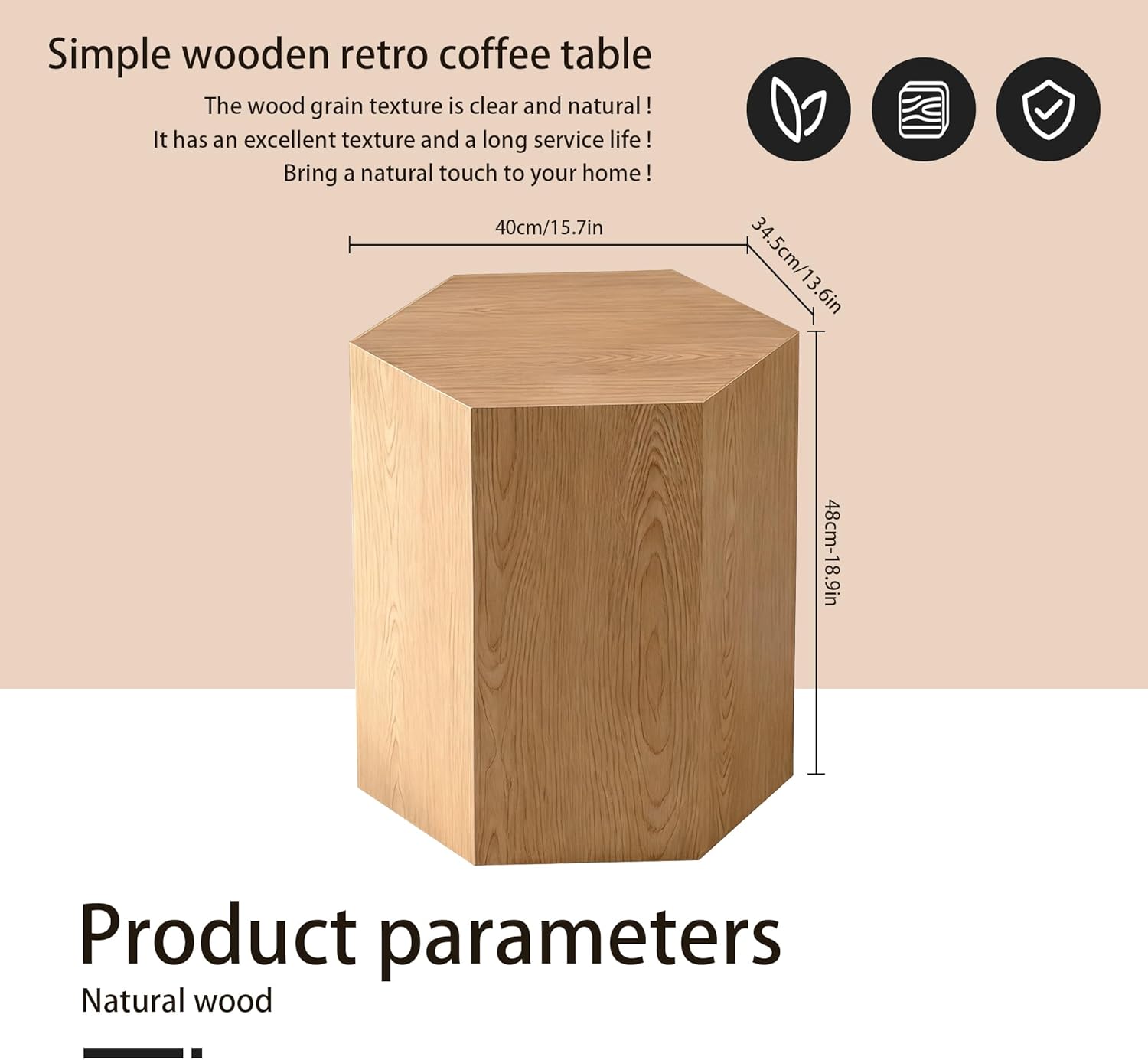 Modern Hexagonal Side Table, Walnut Wood MDF Coffee Table with Natural Texture, Non-Slip Surface, 15.7x13.8x18.9 Inches (Natural)