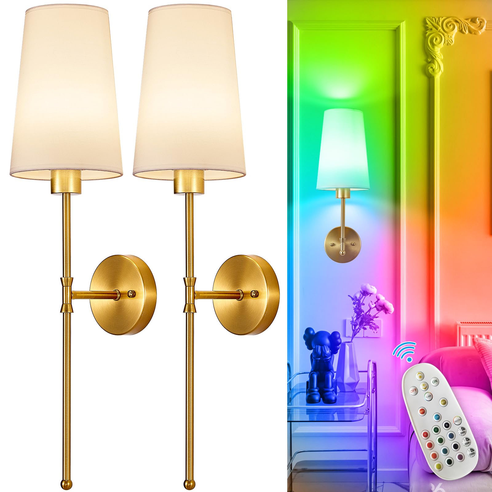 Depuley Battery Operated Wall Sconce: Set of 2 Wireless Wall Lights with 10000mAh Dimmable Bulbs and Remote for Bedroom - Rechargeable 15 Colors Gold Wall Lamp for Living Room Hallway