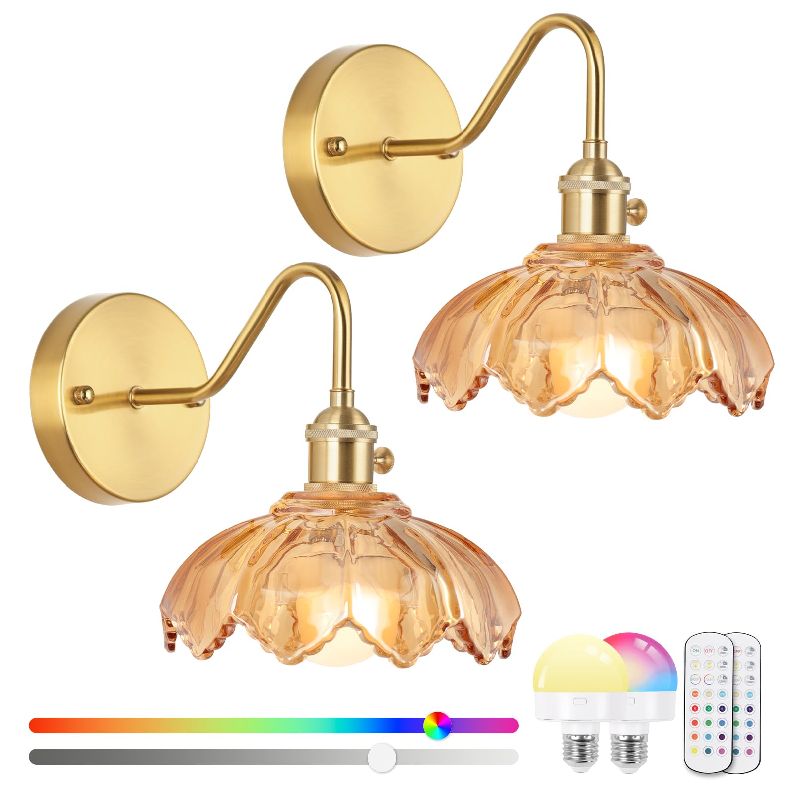 Vintage Battery Operated Wall Sconces Set Of Two, Indoor not Hardwired Brass Green Glass Lampshade Fixtures,Rechargeable Wireless RGB Wall Lights with Dimmable Remote Control,for Bedroom Living Room