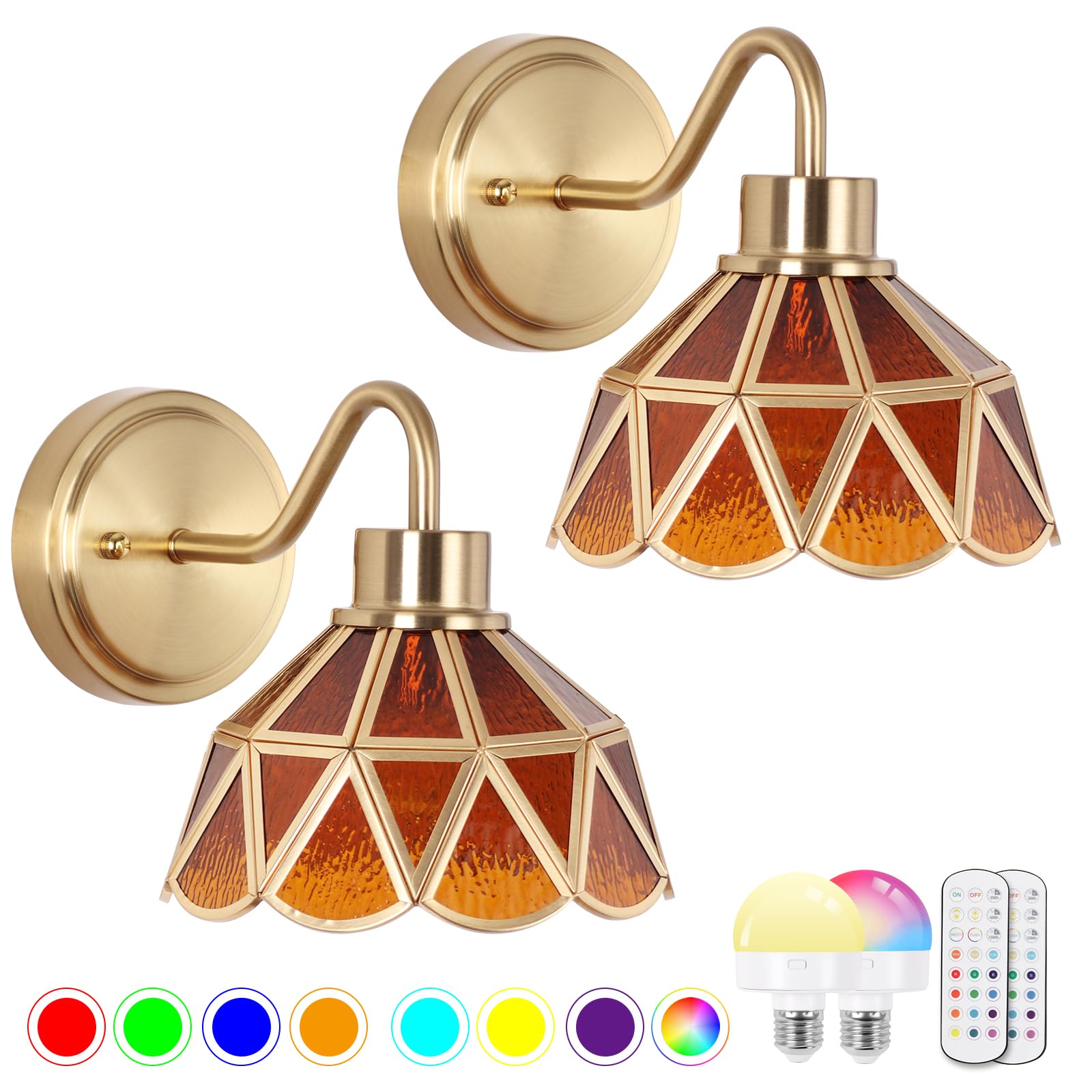 Vintage Battery Operated Wall Sconces Set Of Two, Indoor not Hardwired Brass Green Glass Lampshade Fixtures,Rechargeable Wireless RGB Wall Lights with Dimmable Remote Control,for Bedroom Living Room