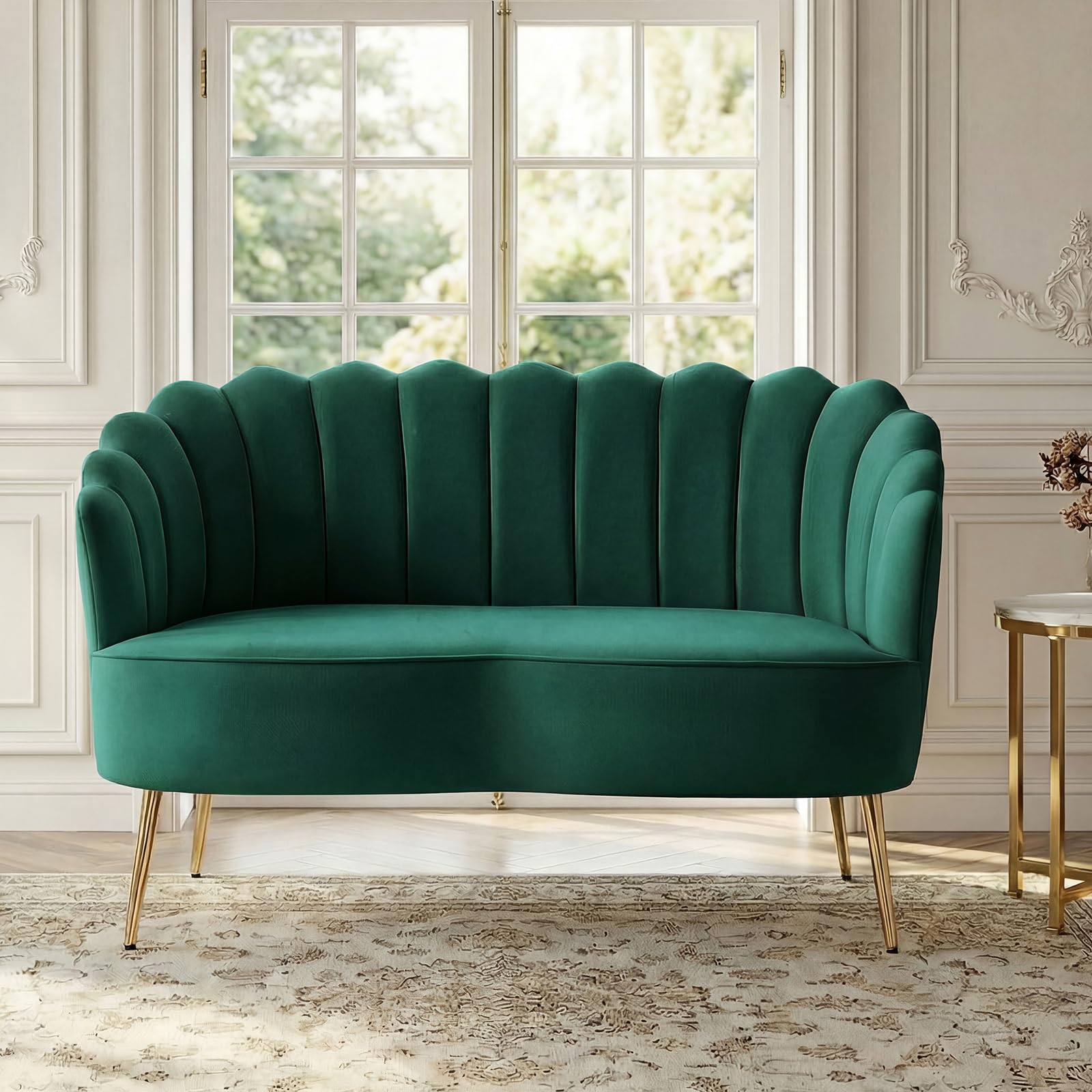 Velvet Upholstered Loveseat Sofa with Gold Metal Legs, Modern Comfy Small Love Seat with Flower Shaped Back, 2-Seater Sofa Accent Couch for Living Bedroom Leisure Areas