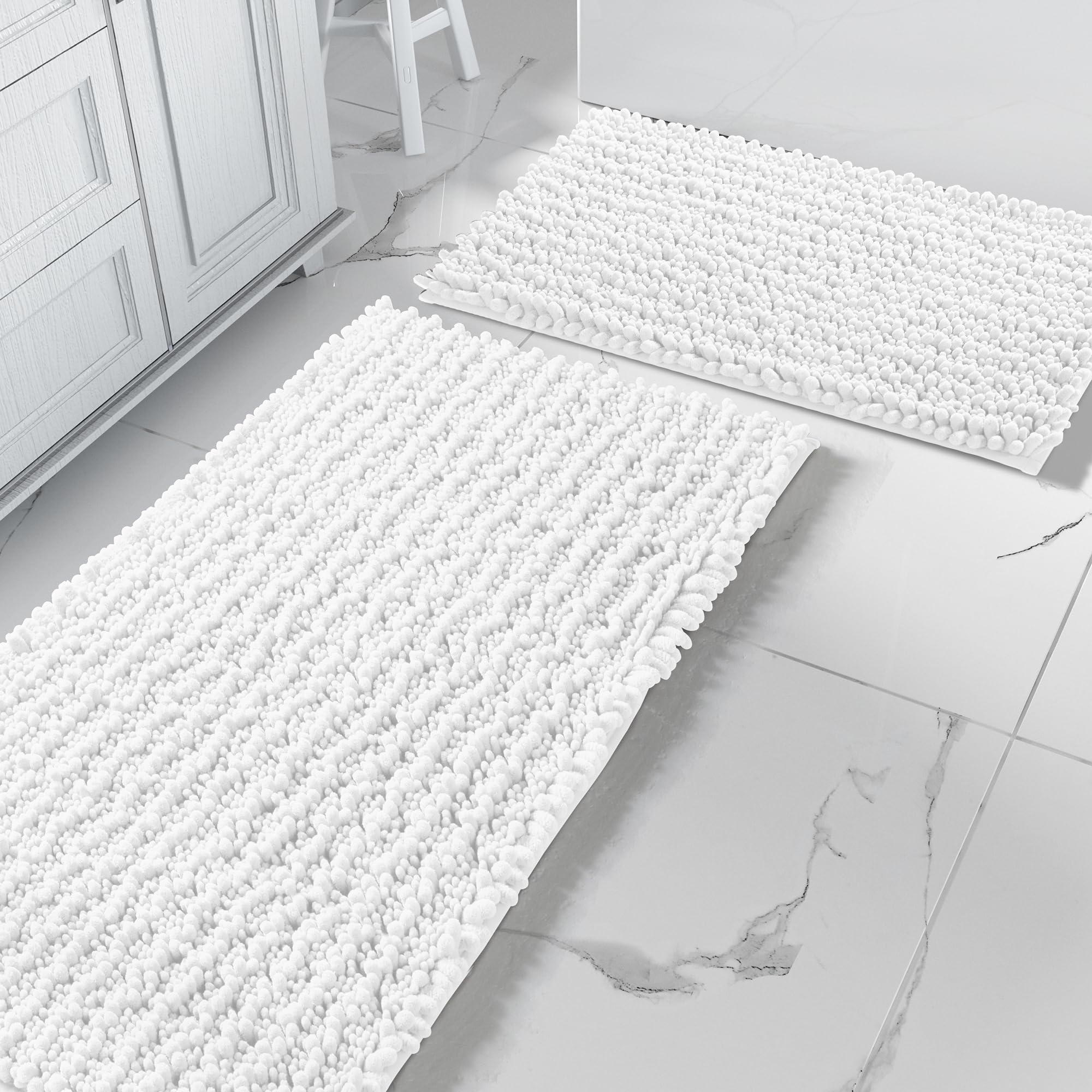 Yimobra Bathroom Rugs Sets 2 Piece - Quick Dry Extra Thick Luxury Chenille Bath Mat, Non Slip Super Absorbent for Tub Shower Sink, Machine Washable Shaggy Floor Mat, 32"x20"+24"x17" Inch, Black