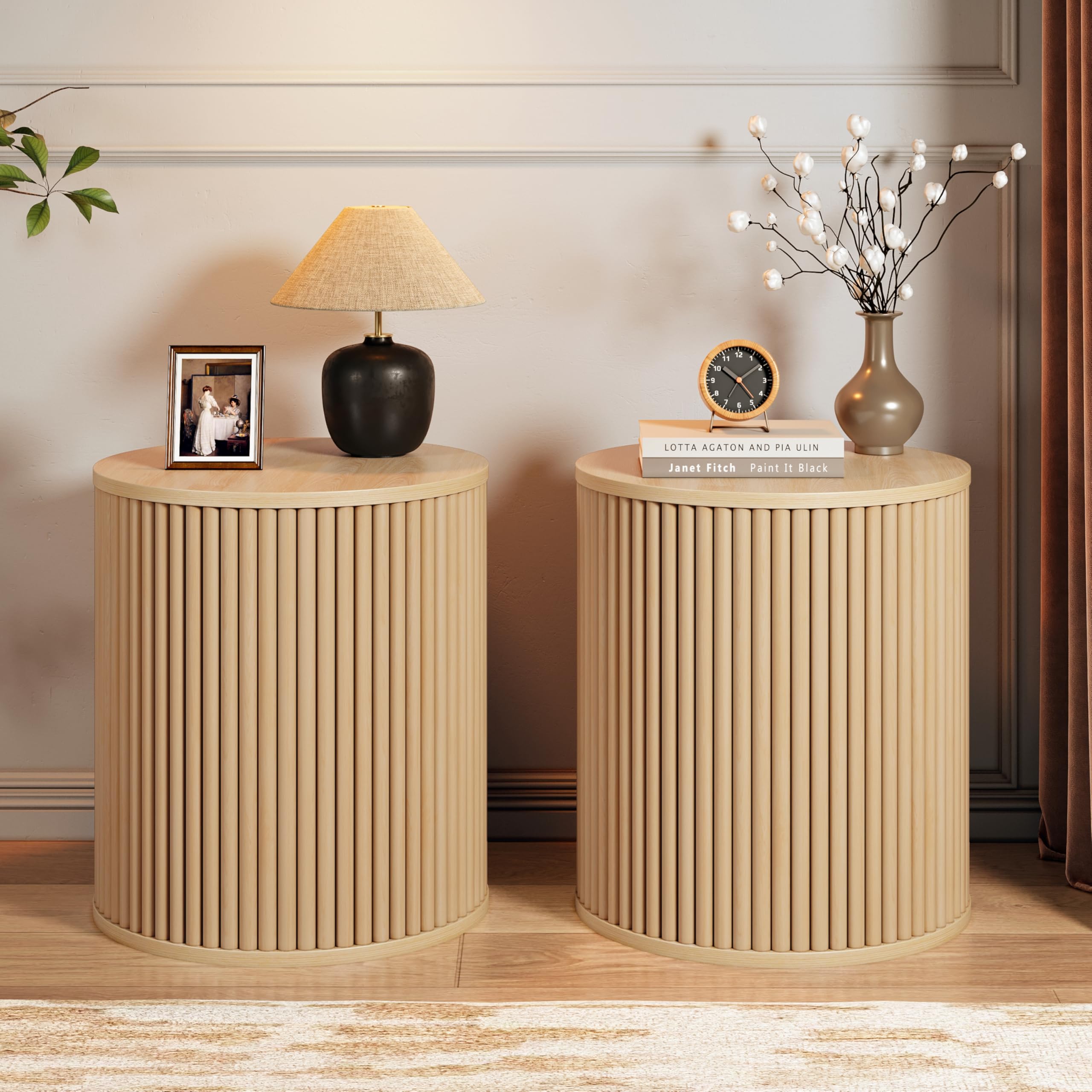 AVZEAR Small Round Side Table Fluted Night Stand Set of 2, Mid Century Modern End Table with Storage, Circle Bedside Tables Wood Nightstands for Small Spaces, Living Room, Bedroom (Black)