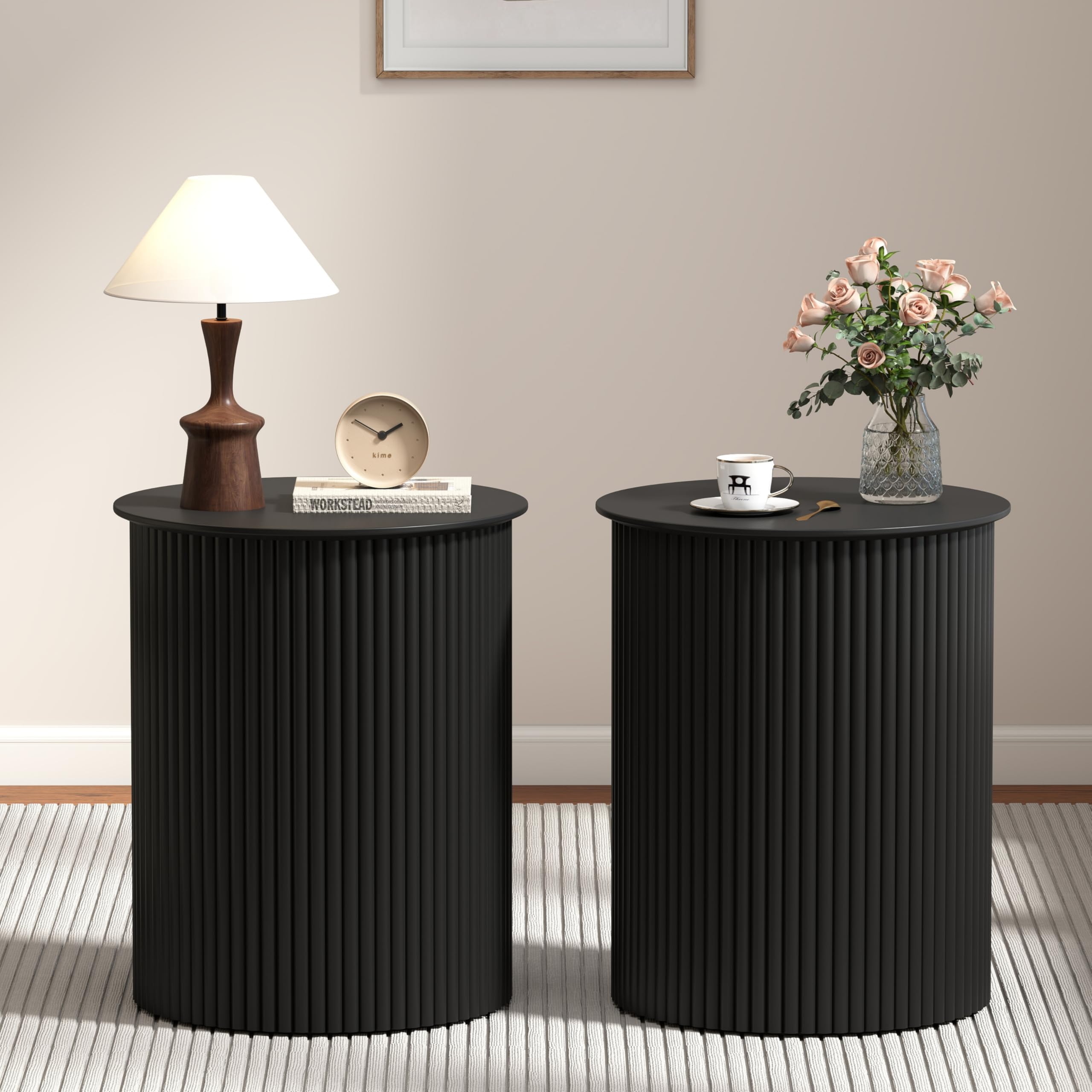 AVZEAR Small Round Side Table Fluted Night Stand Set of 2, Mid Century Modern End Table with Storage, Circle Bedside Tables Wood Nightstands for Small Spaces, Living Room, Bedroom (Black)