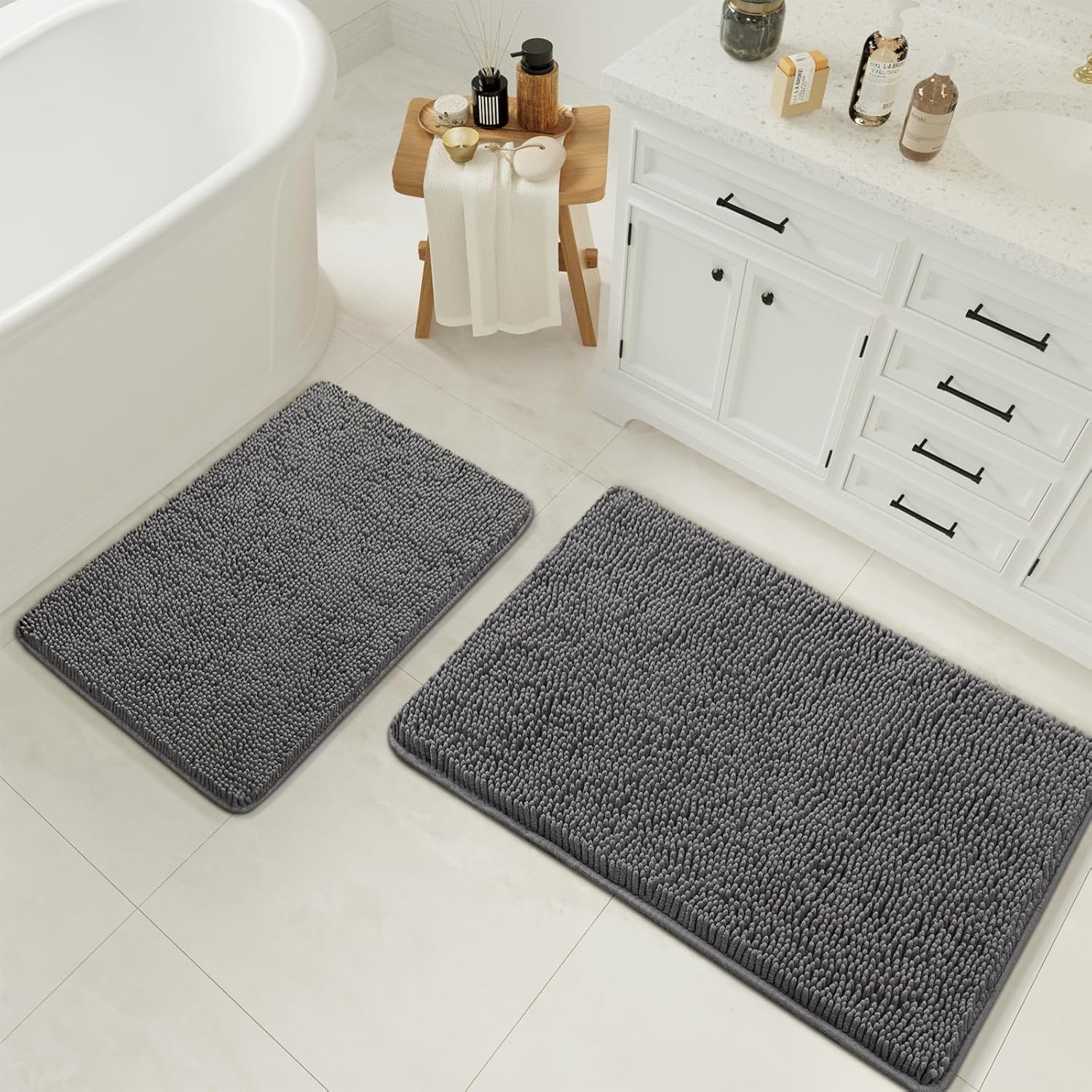 LOCHAS Bathroom Rugs Sets 2 Piece, 17 x 24 Plus 20 x 32 Inches Thick Non Slip Bath Rug Set, Absorbent Soft Chenille Bath Rug, Machine Washable Quick Dry Bath Mat for Bathroom Floor, Grey