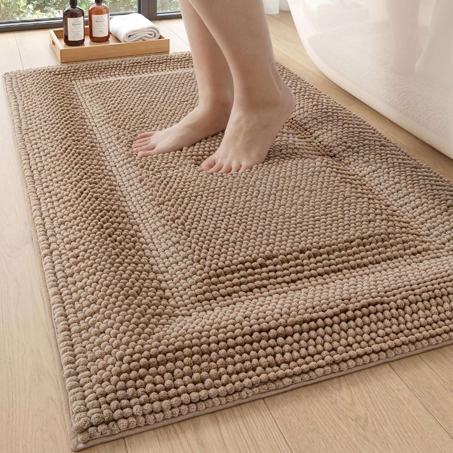 DEXI Bath Mats for Bathroom 16x24, Non Slip Washable Bathroom Rug, Thick Soft Chenille Absorbent Bathmat for Shower Floor, Fluffy Shaggy Carpet for Tub, Grey