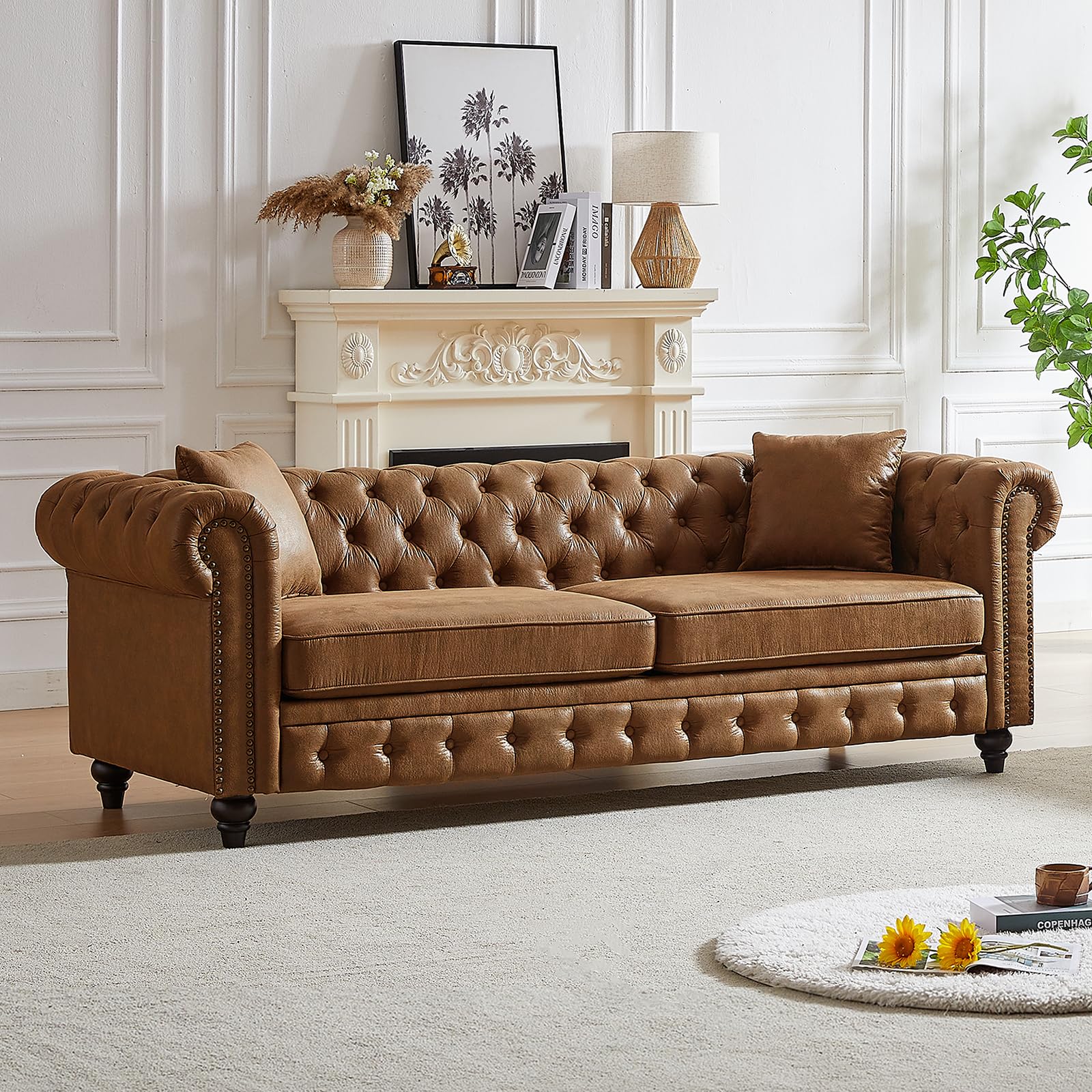 Mid Century Modern Loveseat Sofa, 63.5"W Velvet Fabric Button Tufted Small Couch with Nailhead Trim & Roll Armrest, Upholstered Comfy Chesterfield Sofa for Living Room, Office(2 Seater, Light Grey)