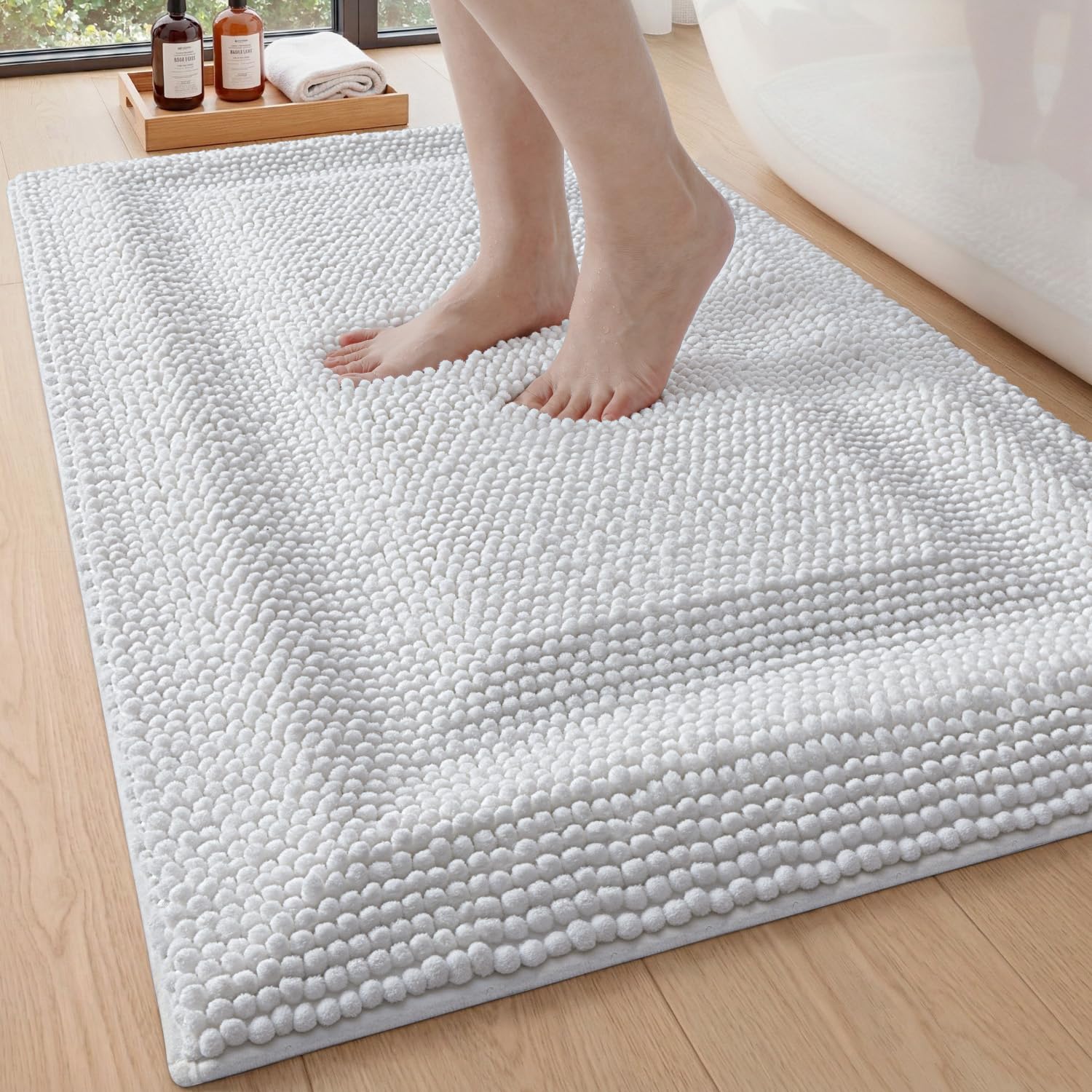 DEXI Bath Mats for Bathroom 16x24, Non Slip Washable Bathroom Rug, Thick Soft Chenille Absorbent Bathmat for Shower Floor, Fluffy Shaggy Carpet for Tub, Grey