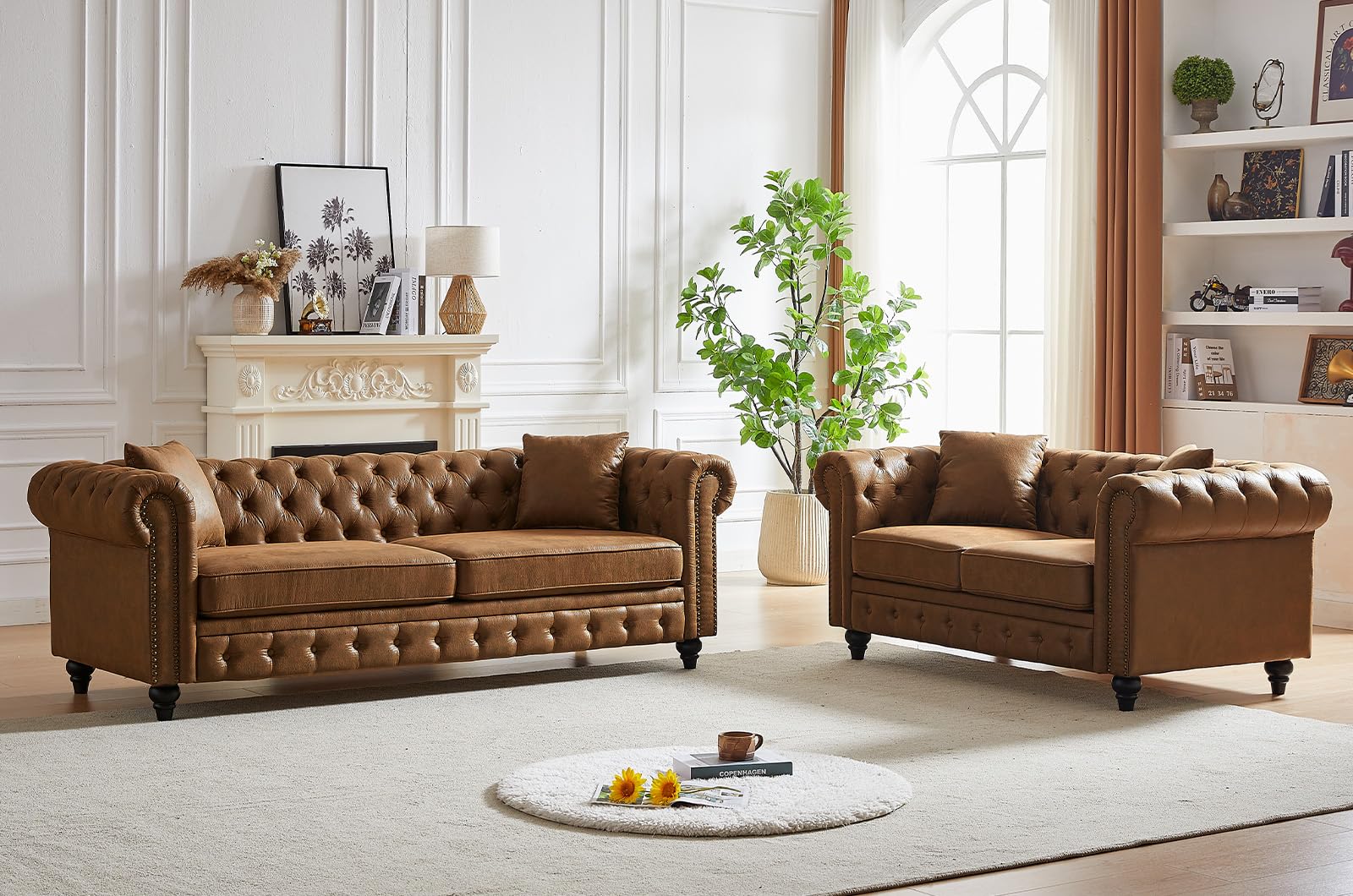 Modern Chesterfield Sofa Couch, 63.5-inch Velvet Fabric Loveseat Sofa with Rolled Arms and Tufted Button for Living Room, Office, Light Grey
