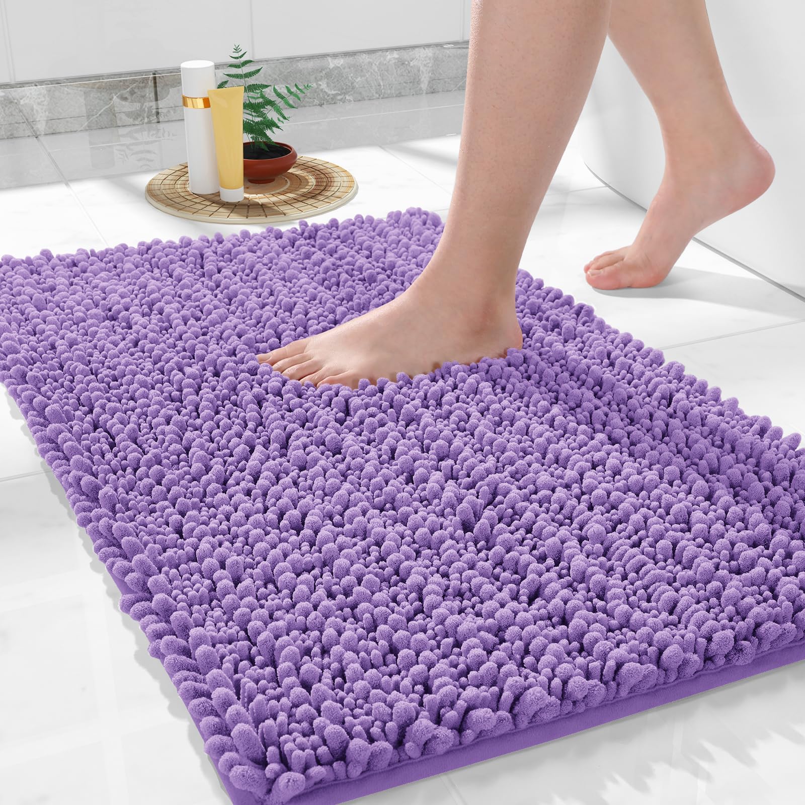 Yimobra Bathroom Rugs Non Slip Washable - Ultra Soft Absorbent Chenille Bath Mat, Quick Dry Shaggy Floor Carpet for Tub Shower, Gray Home Decor Accessories, 24x17 Inch