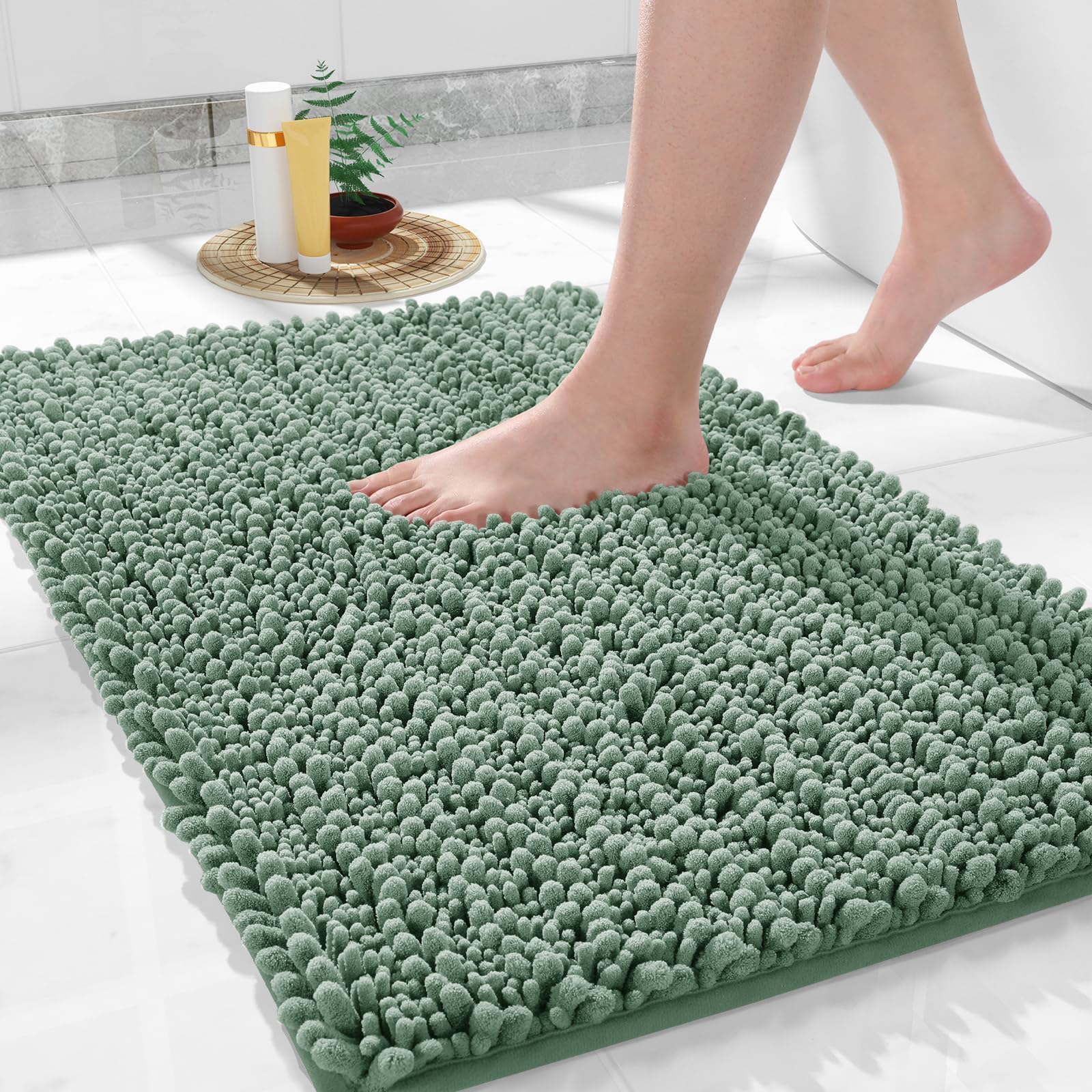 Yimobra Bathroom Rugs Non Slip Washable - Ultra Soft Absorbent Chenille Bath Mat, Quick Dry Shaggy Floor Carpet for Tub Shower, Gray Home Decor Accessories, 24x17 Inch