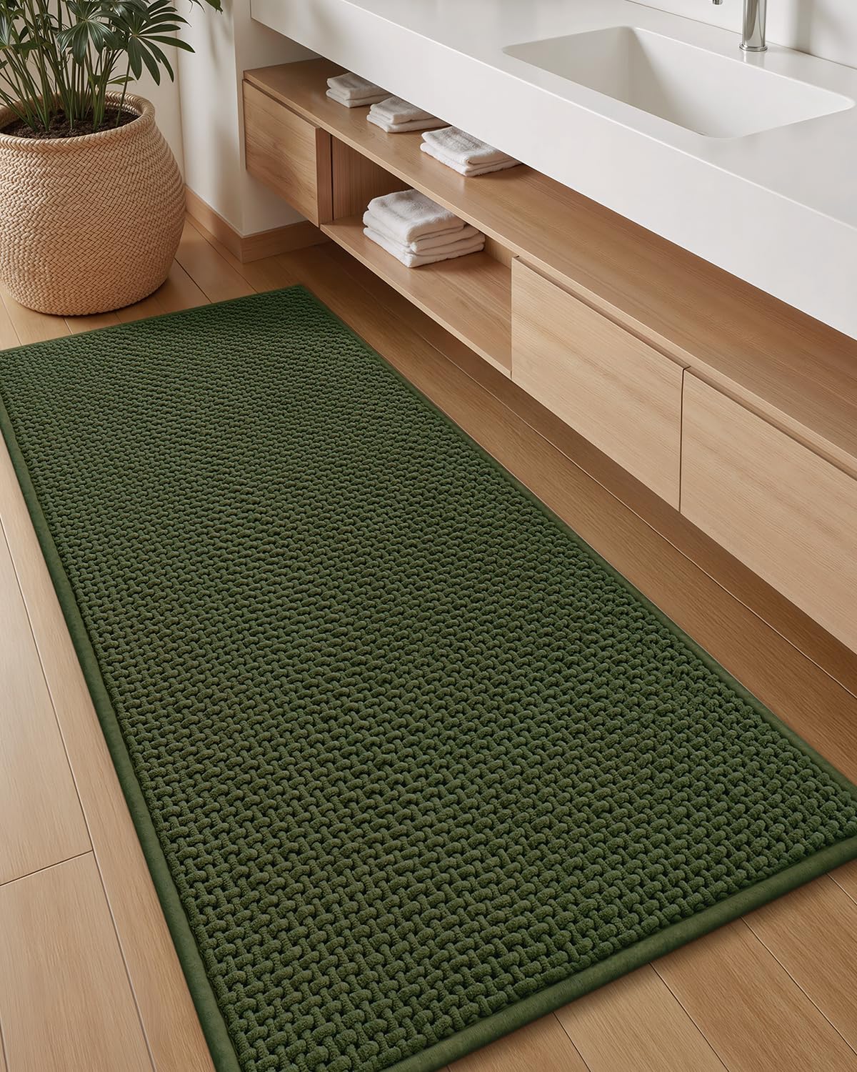 Color&Geometry Chenille Pile Large Bathroom Rugs Upgraded Denser, 24"x36" Non Slip Absorbent Green Bath Mats for Bathroom Thin Fit Under Door, Washable Quick Dry