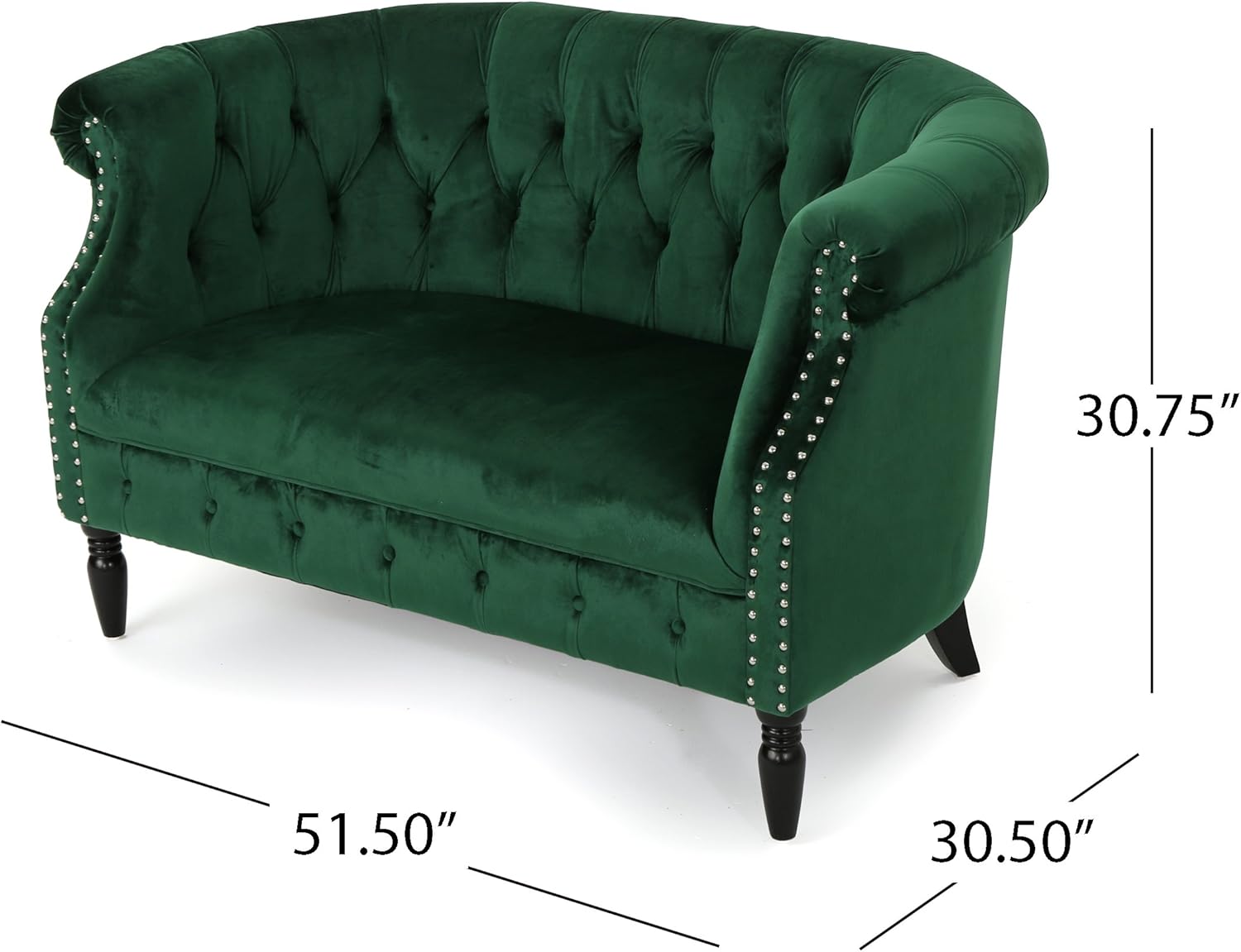 GDFStudio Melaina Tufted Chesterfield Velvet Loveseat with Scrolled Arms, Emerald and Dark Brown.