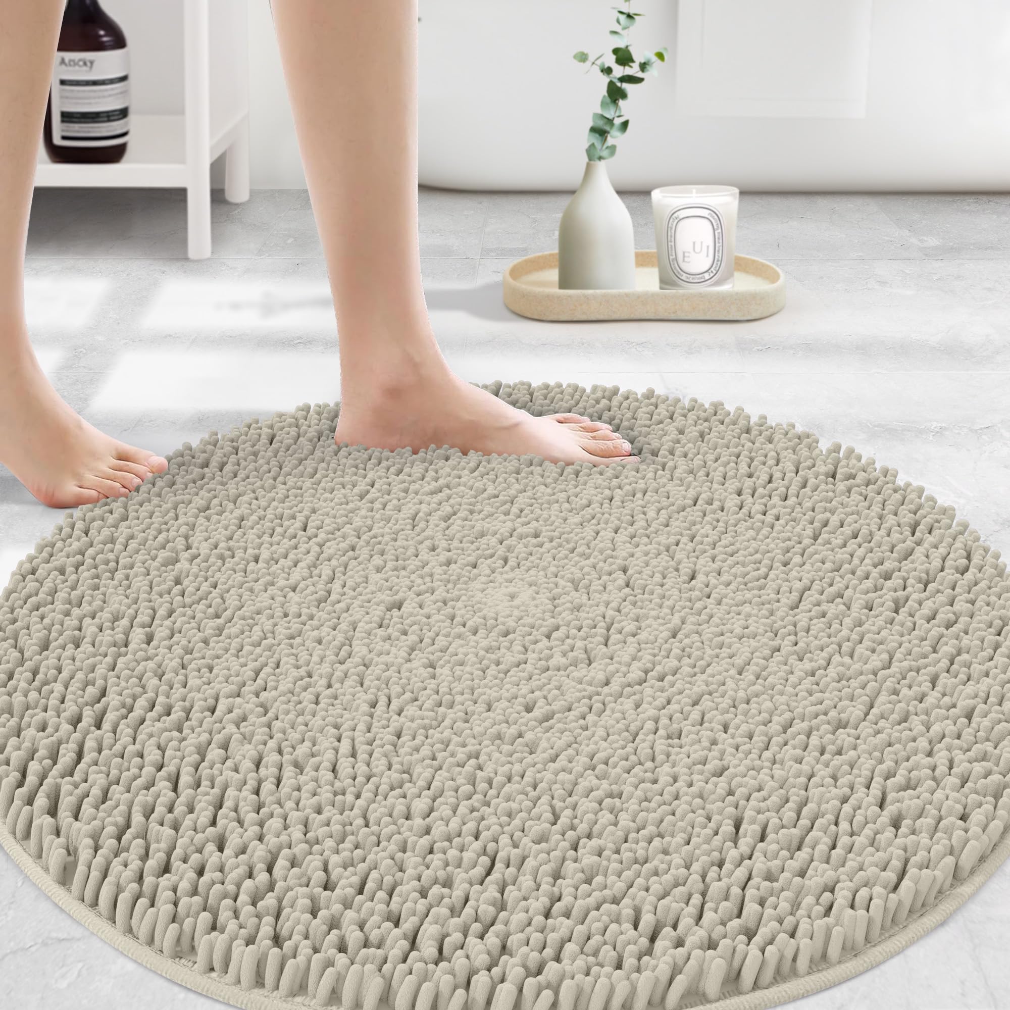 MAYSHINE Round Area Rug Set for Bathroom | Soft Plush Chenille Bath Mat, Water Absorbent Non-Slip Bathroom Rug | Washable Shag Carpet for Shower, Bedroom, or Home Décor | 36"x36" (Round) | White