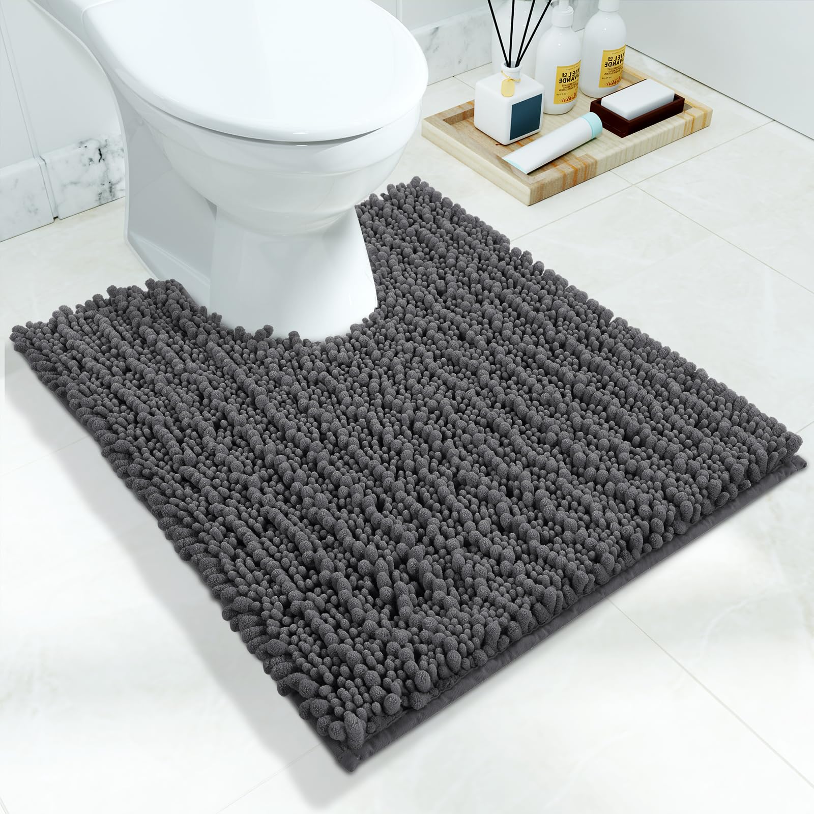 Yimobra Bathroom Rugs Non Slip Washable - Ultra Soft Absorbent Chenille Bath Mat, Quick Dry Shaggy Floor Carpet for Tub Shower, Gray Home Decor Accessories, 24x17 Inch