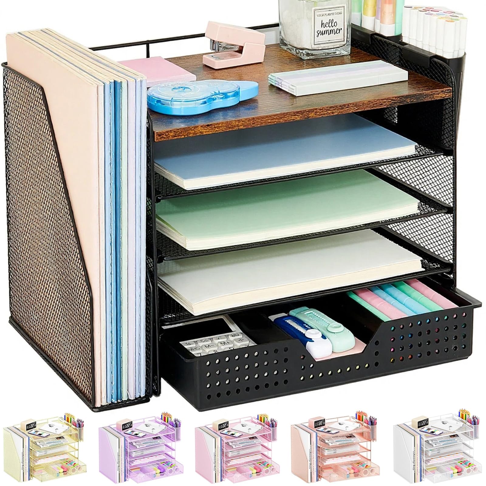 OPNICE Desk Organizer, 4-Tier Desktop File Organizer with Drawer and 2 Pen Holders, Office Desk Accessories, File Sorters, Workspace Organizers for Office Supplies(Brown Wood)