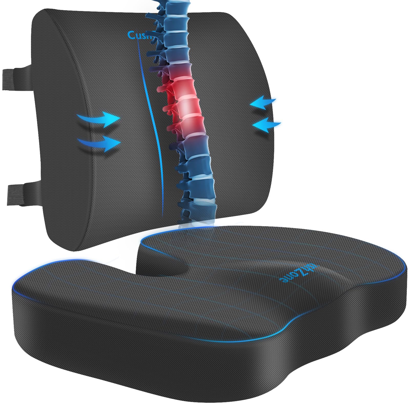 CushZone Ergonomic Seat Cushion & Lumbar Support Pillow - Memory Foam for Sciatica Pain Relief & Posture Correction, Non-Slip Chair Cushions for Office Chair/Car/Wheelchair/Travel (Black)