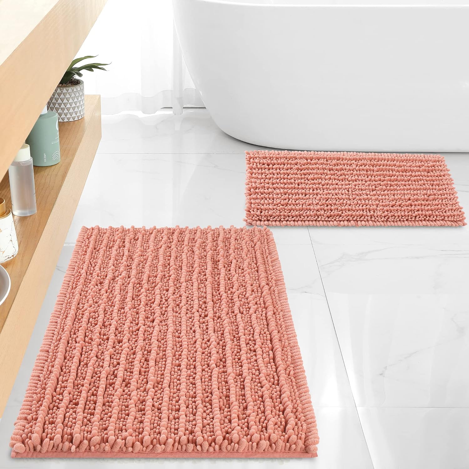 FLOLEOPA Chenille Coral Pink Bath Mat, Luxury Handmade Bathroom Rug, Non Slip, Extra Soft, Absorbent, Machine Washable, 32'x20' Plus 17'x24'