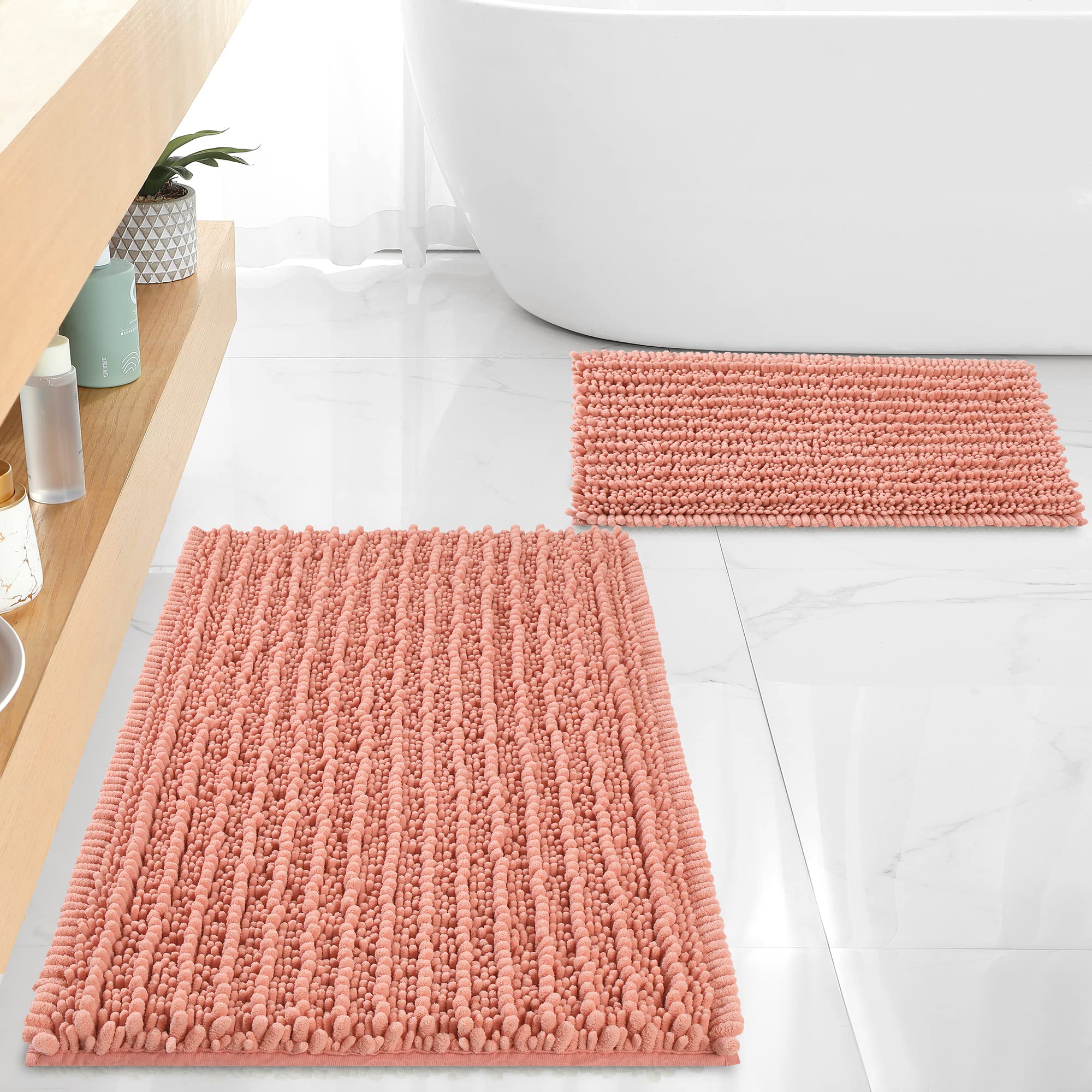 FLOLEOPA Chenille Coral Pink Bath Mat, Luxury Handmade Bathroom Rug, Non Slip, Extra Soft, Absorbent, Machine Washable, 32'x20' Plus 17'x24'