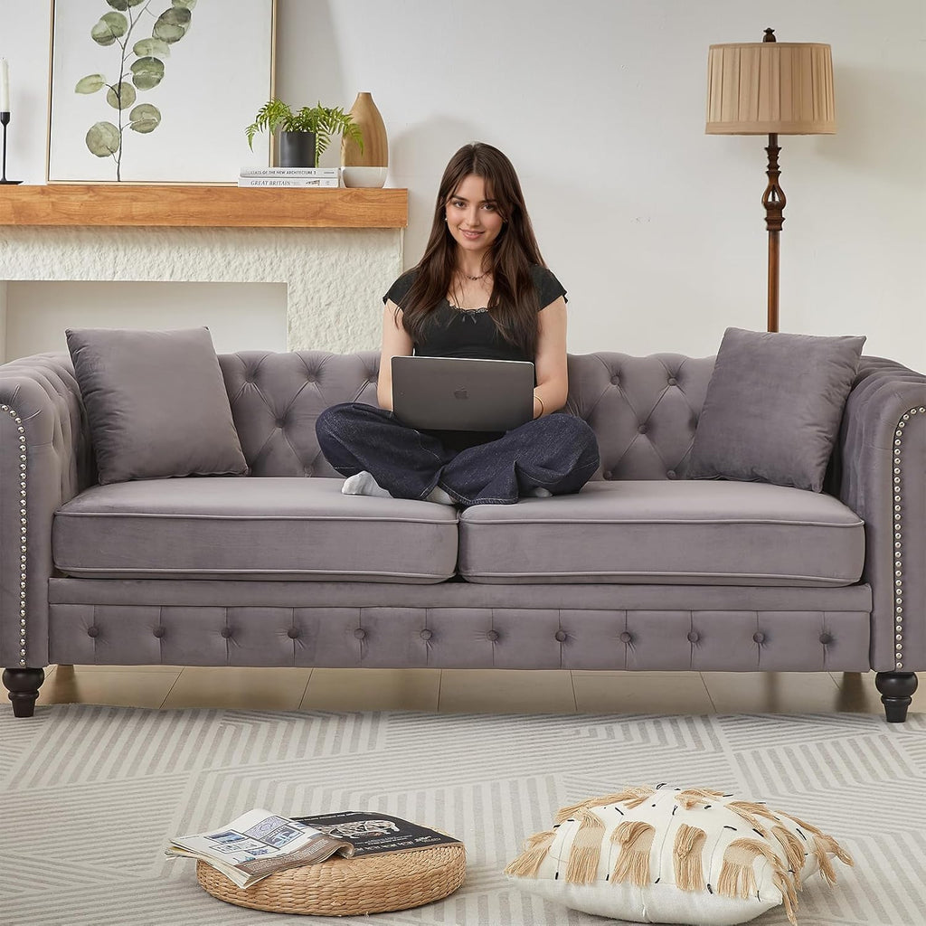 Modern Chesterfield Sofa Set for Living Room, 2 Piece Velvet Fabric Furniture Sets 3 Seater Couch&Loveseat Sofa with Rolled Arms and Tufted Button, Office, Light Grey